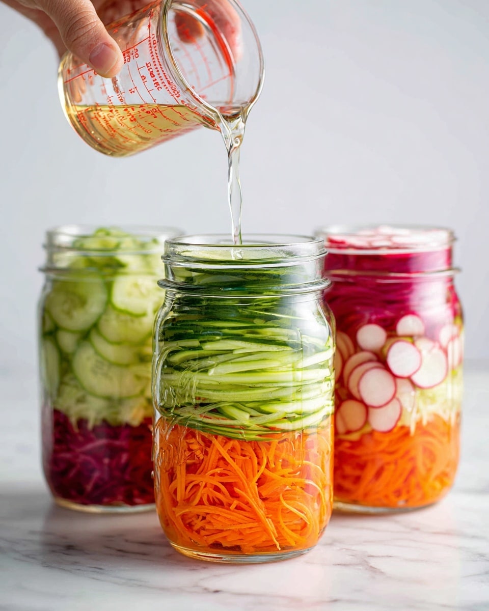 The image shows three glass jars on a white marbled surface, each filled with colorful layered vegetables. The bottom layer is made of shredded orange carrots. Above this is a layer of chopped cucumbers with a light green color. Next is a layer of thin green cucumber strips lying diagonally. The top layer consists of sliced red radishes with white centers. A clear liquid is being poured from a measuring cup marked in red, into the jar in the front. The background is plain white, and a woman's hand is holding the measuring cup. photo taken with an iphone --ar 4:5 --v 7