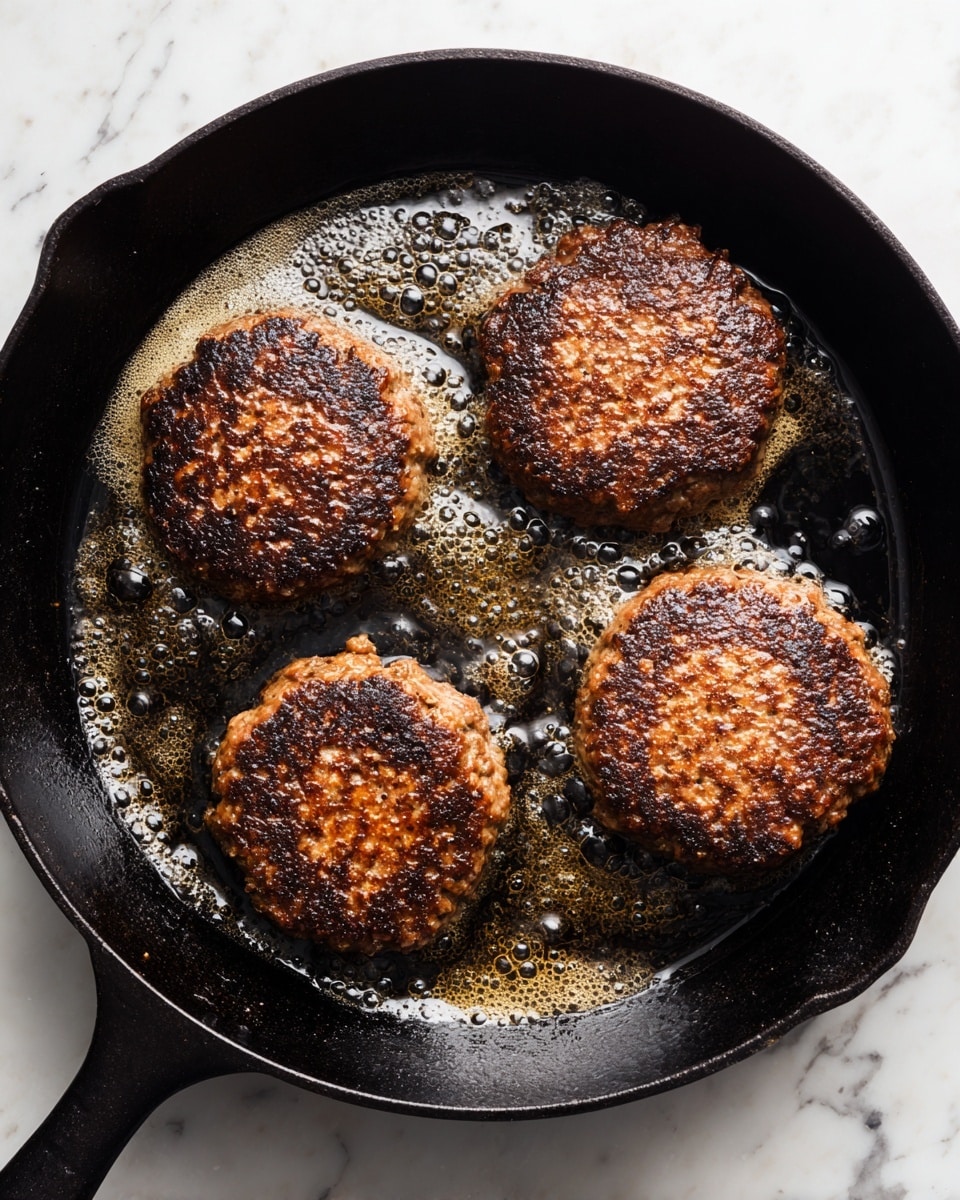A top view of a black cast iron pan containing four browned, rough-textured patties cooking in melted butter or oil, with small bubbles around the edges of the patties. The patties have an uneven shape and a dark-crusted outer layer. The pan sits on a white marbled surface. photo taken with an iphone --ar 4:5 --v 7