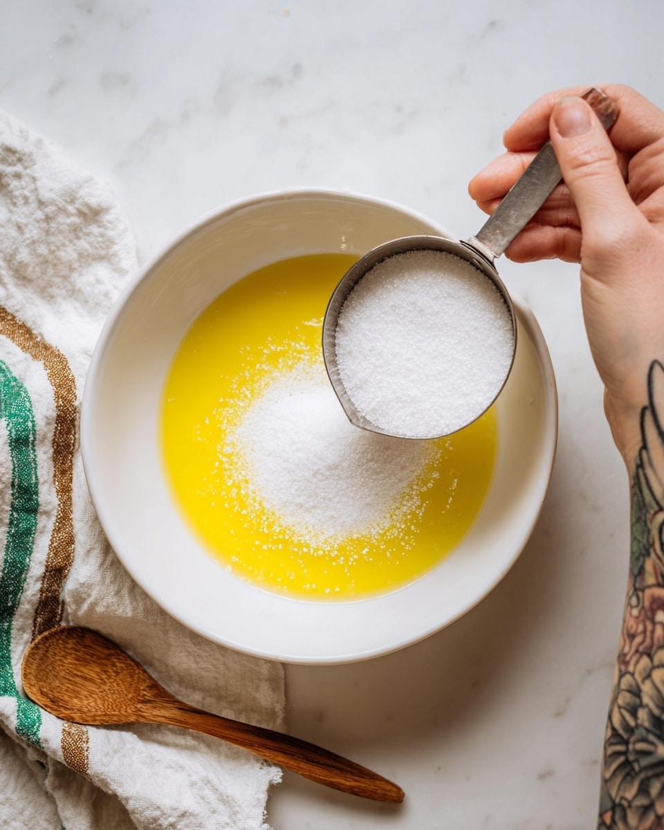 A white bowl rests on a white marbled surface with a wooden spoon nearby. Inside the bowl, there is a layer of bright yellow melted butter. Above the butter, a woman's hand with a visible tattoo is pouring a mound of white sugar from a metal measuring cup, adding a top layer of fine white sugar over the yellow layer. A white cloth with green and brown stripes is partially visible to the side. photo taken with an iphone --ar 4:5 --v 7