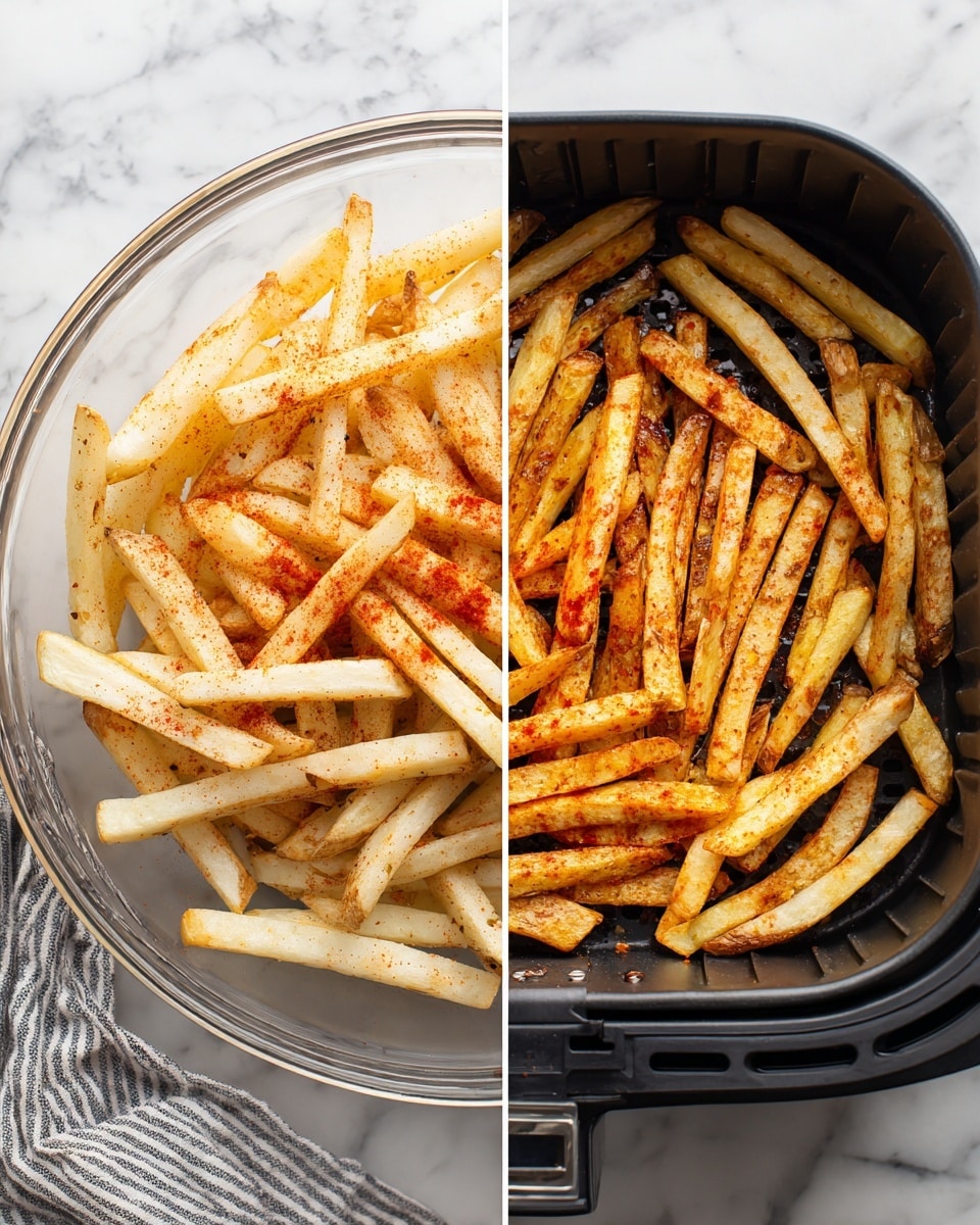 The image shows two side-by-side views of raw potato fries dusted with seasoning. On the left side, the potato fries are placed in a clear glass bowl, showing pale white and light yellow colors with some brown skin pieces and a fine layer of red-orange spice dusting over them. On the right side, the seasoned potato fries are arranged in a black air fryer basket, spread out evenly with some spices still visible on the surface. The background has a white marbled texture with a striped cloth nearby. Photo taken with an iphone --ar 4:5 --v 7