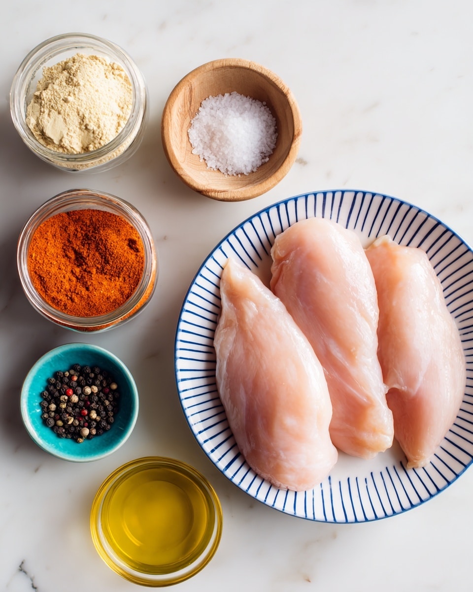 The image shows four raw chicken fillets placed on a white plate with blue stripes along the edge, positioned on the right side. To the left of the plate, there are several small containers arranged on a white marbled surface: a jar of paprika with an orange powder, a jar of garlic powder with a pale yellow powder, a small wooden bowl filled with white salt, a small turquoise bowl containing black pepper, and a glass bowl with golden olive oil. The overall setting is neat and bright, highlighting the raw ingredients clearly. Photo taken with an iphone --ar 4:5 --v 7