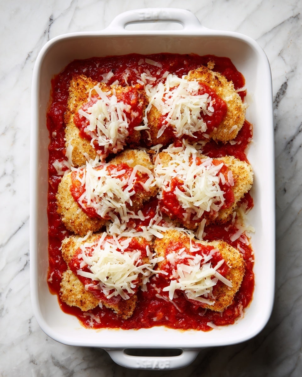 The dish is shown in a white baking dish with two handles, placed on a white marbled surface. In the first layer, there are four golden-brown pieces of breaded chicken lined up side by side on top of a bright red chunky tomato sauce. The second layer shows the same four pieces covered with generous spoonfuls of the same chunky red tomato sauce spread unevenly. The third layer adds a topping of shredded white cheese scattered over the tomato sauce and chicken, showing a mix of red sauce and white cheese on top. Photo taken with an iphone --ar 4:5 --v 7