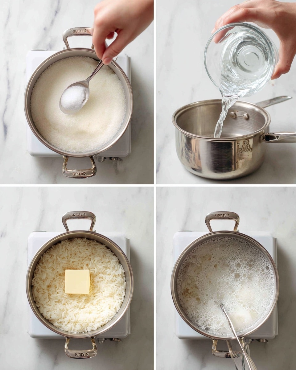 There are four images arranged in a grid showing the process of cooking rice. In the first image, a woman's hand holds a spoon adding salt into a silver pot filled with uncooked white rice and a small square of butter at the bottom. The second image shows water being poured from a glass container into the same pot over the rice and butter. The third image shows a woman's hand placing a shiny silver lid on the pot which is now on a stove with bubbles forming, indicating boiling. The fourth image reveals fully cooked white rice inside the same pot on the stove, with no other items visible. The background is a white marbled surface, and all cookware is silver metal with simple textures. Photo taken with an iphone --ar 4:5 --v 7