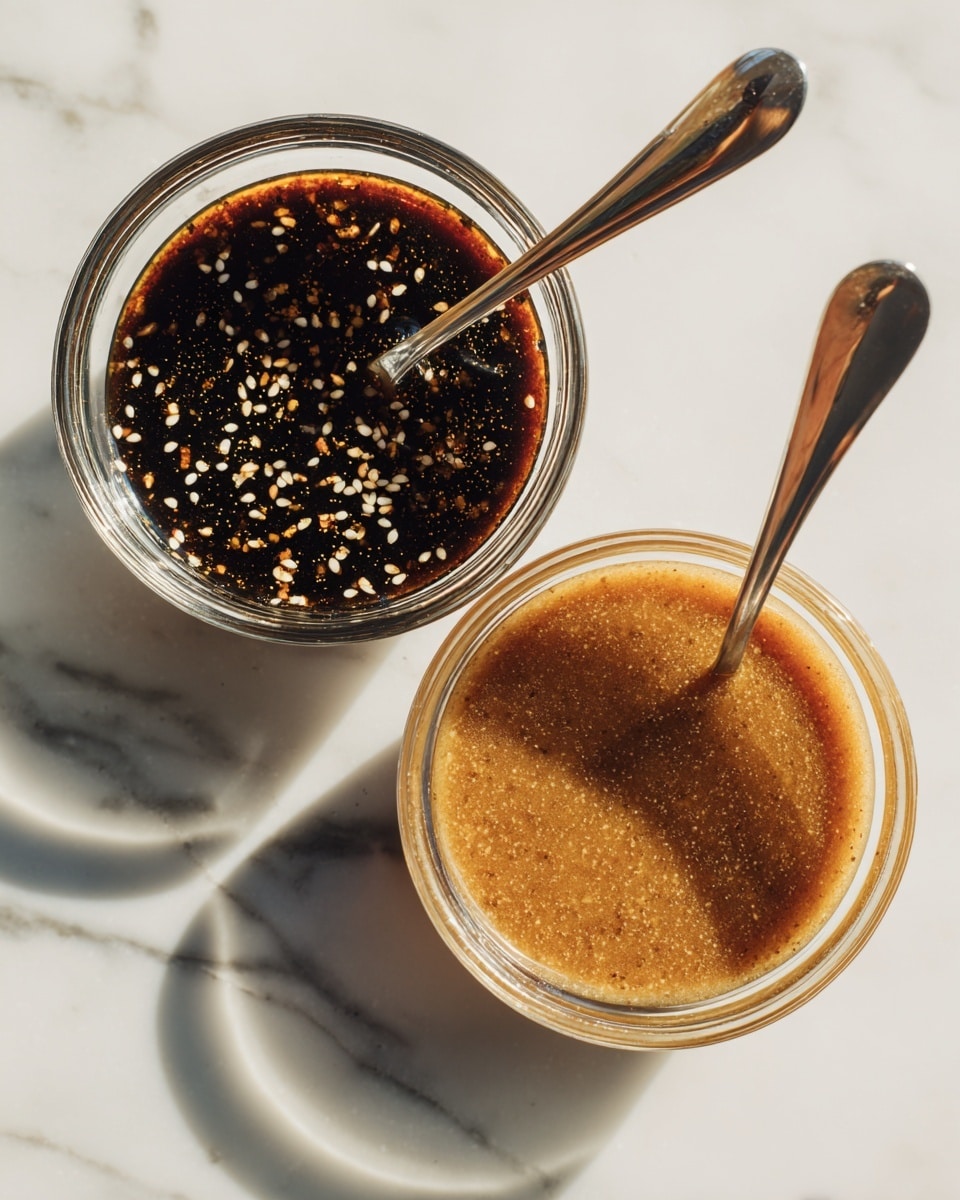 The image shows two clear glass bowls side by side, each containing a sauce. The left bowl has a dark sauce with visible granules of white powder and seeds floating on the surface, with a shiny silver spoon resting inside it. The right bowl holds a smoothly mixed brown sauce with a slightly grainy texture, and it also has a silver spoon inside. Both bowls are placed on a white marbled surface with natural light highlighting the textures of the sauces. photo taken with an iphone --ar 4:5 --v 7