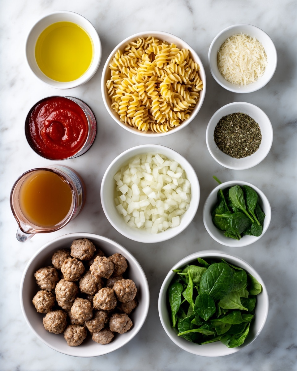 The image shows nine white bowls and a clear measuring cup arranged on a white marbled surface. The top row has a small bowl of yellow olive oil, a medium bowl of uncooked yellow rotini pasta, a small bowl of finely minced garlic, and a small bowl of mixed dried herbs. The second row shows a medium bowl of chopped white onions on the left and a medium bowl of fresh dark green spinach leaves on the right. Below that, on the left, is a medium bowl filled with small browned meatballs, and on the right is a clear measuring cup filled with light brown broth. A can of red tomato sauce is placed to the left of the lower bowls. photo taken with an iphone --ar 4:5 --v 7