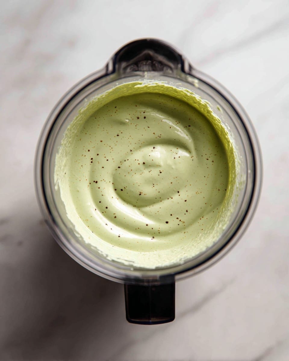 A clear blender jar filled with a smooth, pale green sauce that has a creamy texture. The sauce sits evenly in the center of the jar, with soft swirls and small specks of darker green visible throughout. The jar is placed on a white marbled surface, and the black lid with a pouring spout is partly visible at the top left. The image is taken from above, showing the inside of the blender clearly. Photo taken with an iphone --ar 4:5 --v 7