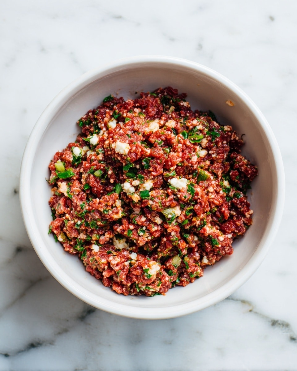 A white bowl sits on a white marbled surface filled with a mix of raw ground meat blended with small white cheese pieces and green herbs spread evenly throughout. The texture is soft and slightly chunky, showing a mix of colors with the deep reddish-brown meat and contrasting white and green bits inside. The bowl has rounded sides and a smooth white surface, containing the mixture in the center. photo taken with an iphone --ar 4:5 --v 7