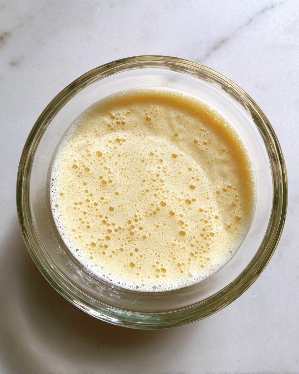 A clear glass bowl holds a pale yellow, foamy mixture that fills about half the bowl's depth, with small bubbles spread evenly across the surface. The bowl is placed on a white marbled texture background. photo taken with an iphone --ar 4:5 --v 7