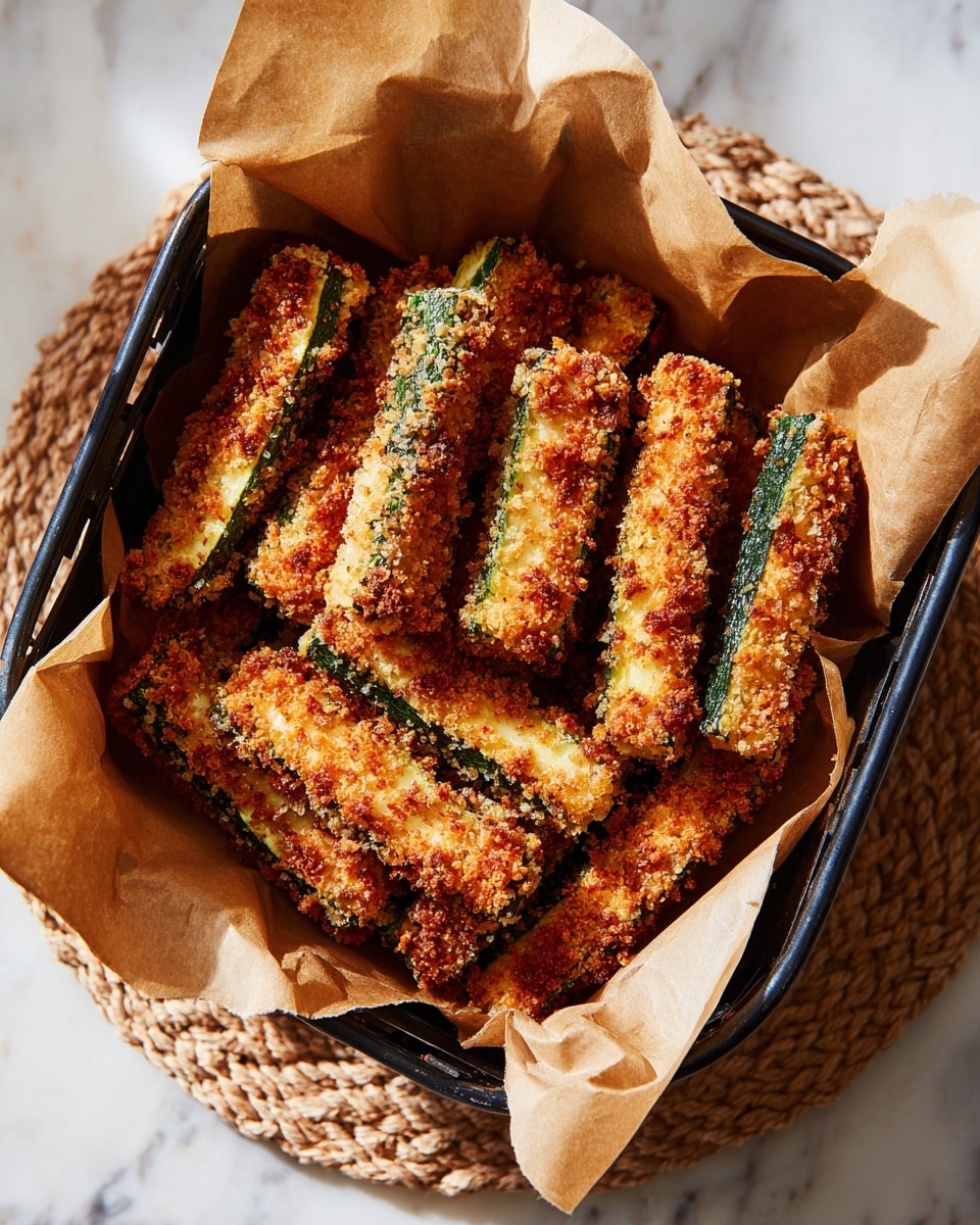 Inside a black air fryer basket lined with brown parchment paper, there are sixteen golden-brown breaded zucchini sticks arranged in loose rows. Each stick shows the green zucchini skin on the sides and is coated with a crispy, textured breadcrumb crust that has a warm, light brown color. The basket sits on a braided beige mat, all placed on a white marbled surface. The light creates soft shadows, highlighting the crunchy texture of the zucchini sticks. photo taken with an iphone --ar 4:5 --v 7