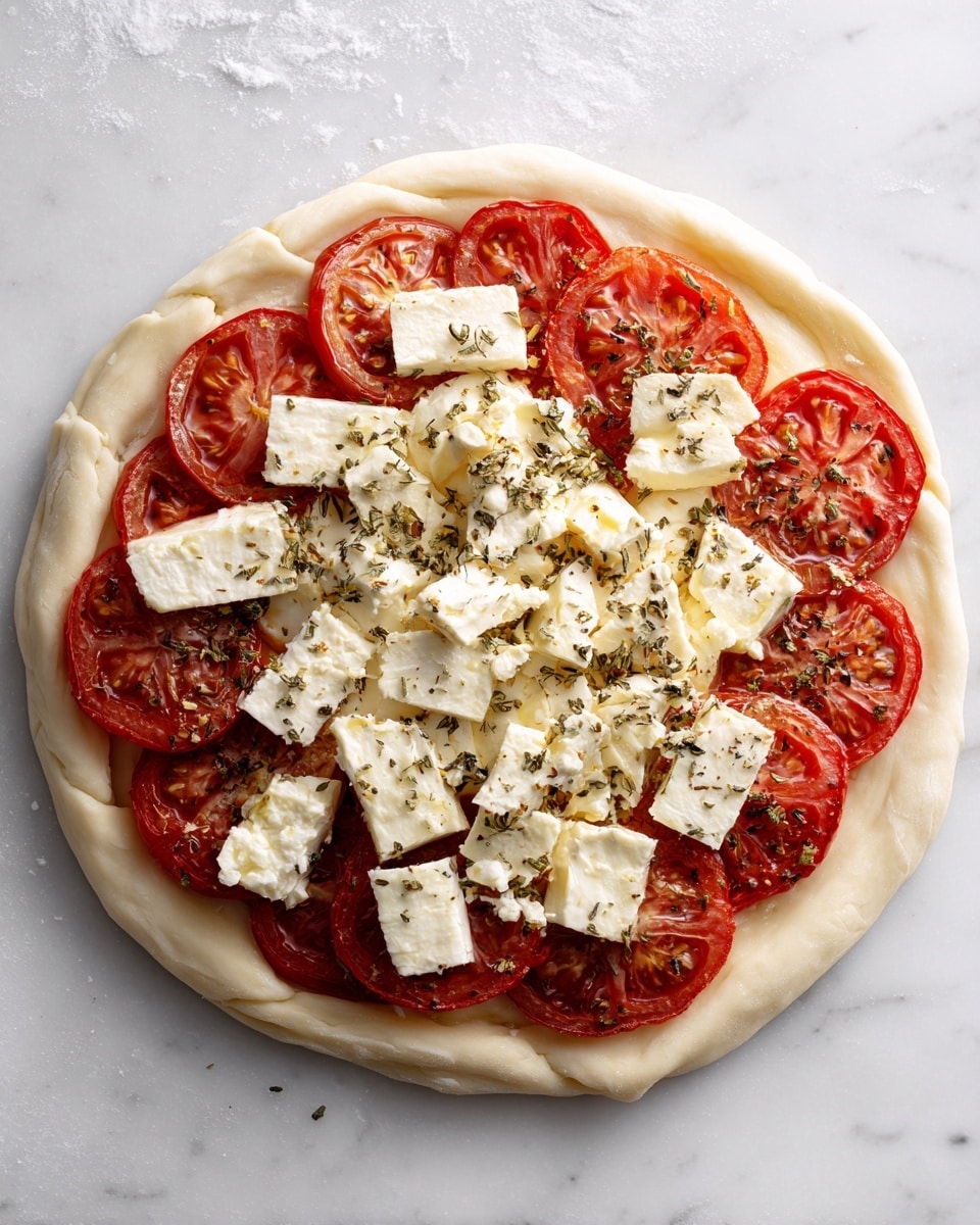 A round flat dough sheet with light beige color is placed on a white marbled surface. On the dough, there are two layers of thick, white cheese pieces and bright red tomato slices spread evenly, with the cheese and tomatoes arranged in a slightly overlapping pattern. The edges of the dough are folded over the filling on one side in a crimped pattern, partially covering the tomatoes and cheese. The top of the cheese and tomatoes is sprinkled with small, dark dried herb flakes, adding texture and color contrast. Photo taken with an iphone --ar 4:5 --v 7