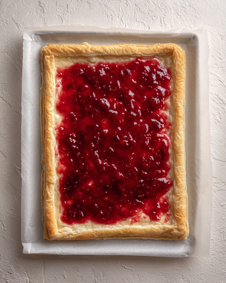 A rectangular sheet of light cream puff pastry is laid flat on white parchment paper over a baking tray with a white marbled texture beneath. The puff pastry is evenly spread with a thin, glossy layer of red jam that has small chunks and a slightly sticky texture. The jam concentrates more in some spots, showing deeper reds and shiny highlights. The pastry edges are plain, slightly raised, and lighter in color compared to the jam-covered center. Photo taken with an iphone --ar 4:5 --v 7