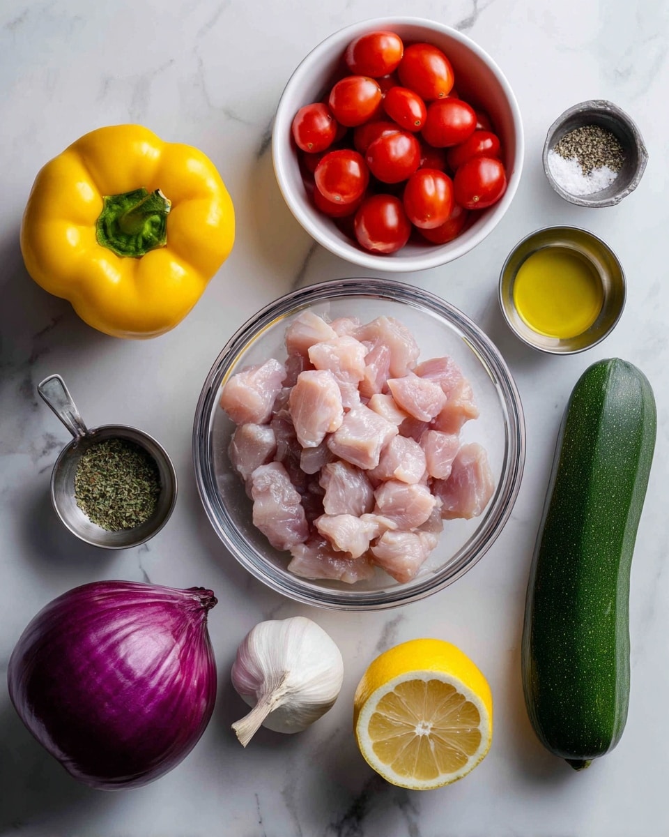 A clear bowl in the center holds small light pink pieces of raw chicken. Around the bowl, from top left to bottom right, there is a bright yellow bell pepper, a white bowl filled with shiny red cherry tomatoes, a whole purple onion, two small metal bowls with salt and pepper mix and dried green herbs, a clove white garlic bulb, a metal cup with golden olive oil, a half lemon with bright yellow flesh showing, and a long dark green zucchini. All items rest on a white marbled surface. photo taken with an iphone --ar 4:5 --v 7