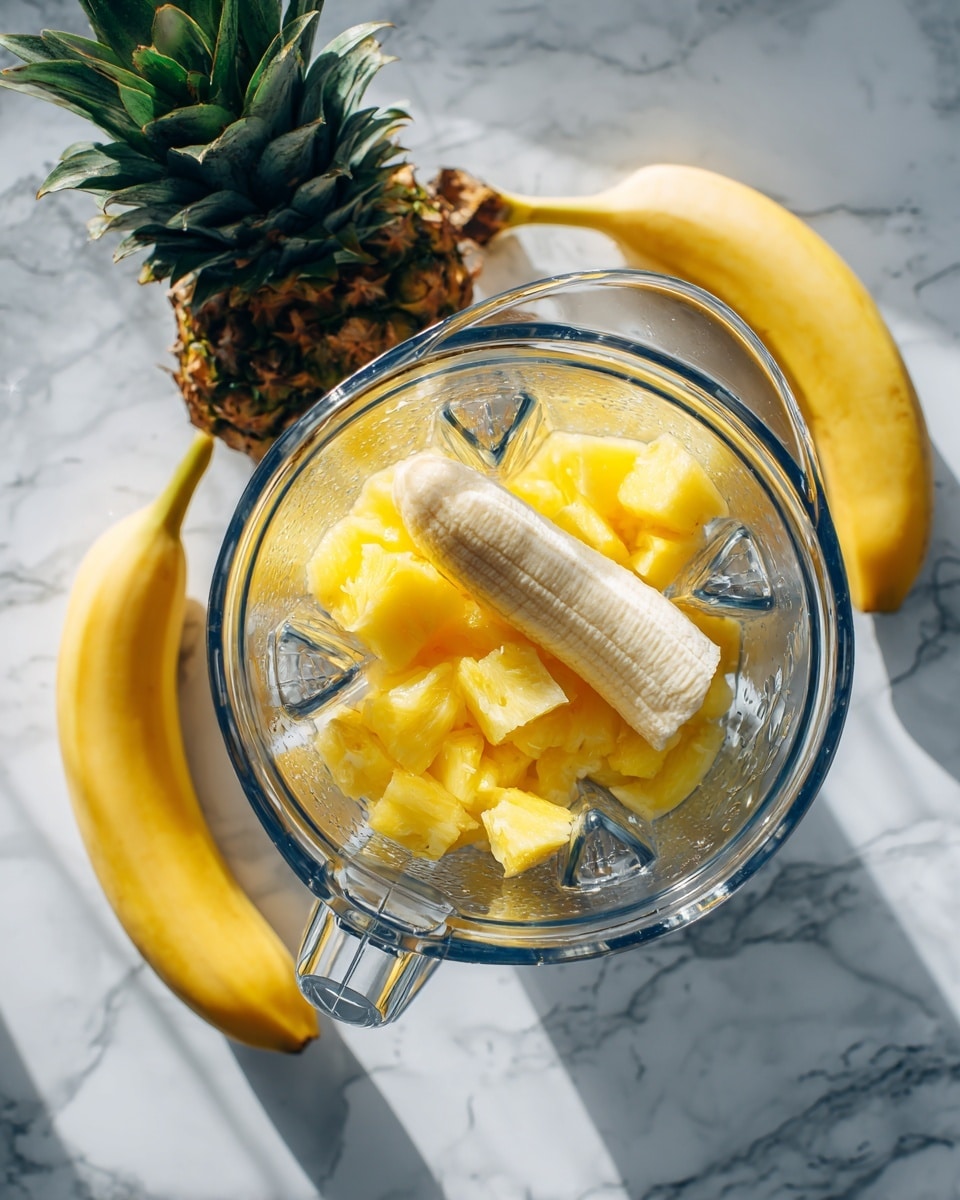 A glass blender jar filled with bright yellow pineapple chunks at the bottom layer, topped with a peeled, whole yellow banana lying horizontally across the pineapples. The clear glass blender is placed on a white marbled surface, with a fresh green pineapple fruit laying beside it on the top left side. The natural light shows the juicy texture of the fruit, photo taken with an iphone --ar 4:5 --v 7