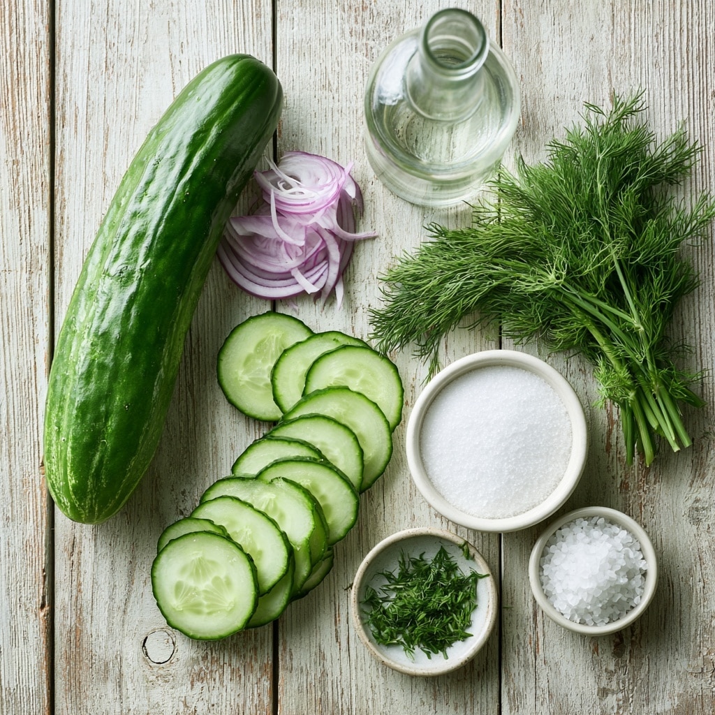 A white bowl filled with thin round slices of light green cucumber layered evenly, mixed with thin curved strips of translucent purple-red onion scattered on top. Small green dill pieces are sprinkled over the cucumbers and onions, giving a fresh texture. A silver fork with a wooden handle rests inside the bowl with its tines holding some cucumber slices. The bowl sits on a cloth with blue and white checkered pattern on a white marbled surface. Photo taken with an iphone --ar 4:5 --v 7