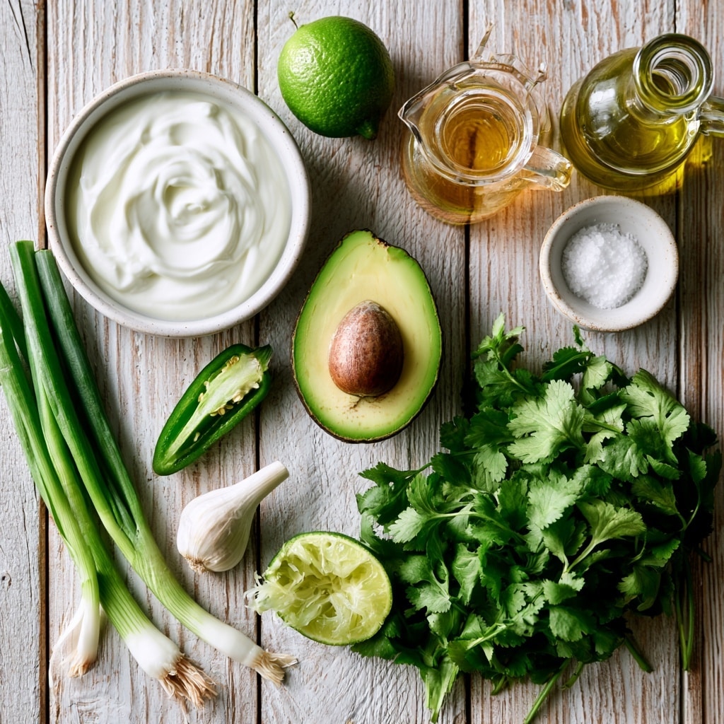 A small clear glass bottle is full of thick light green sauce with small green flecks in it. The bottle is set on a dark surface with blurred green vegetables in the background. Around the bottle, there are fresh green leaves, a sliced cucumber, and some stems with white ends. The glass bottle has a short neck and a thick rim. Photo taken with an iphone --ar 4:5 --v 7