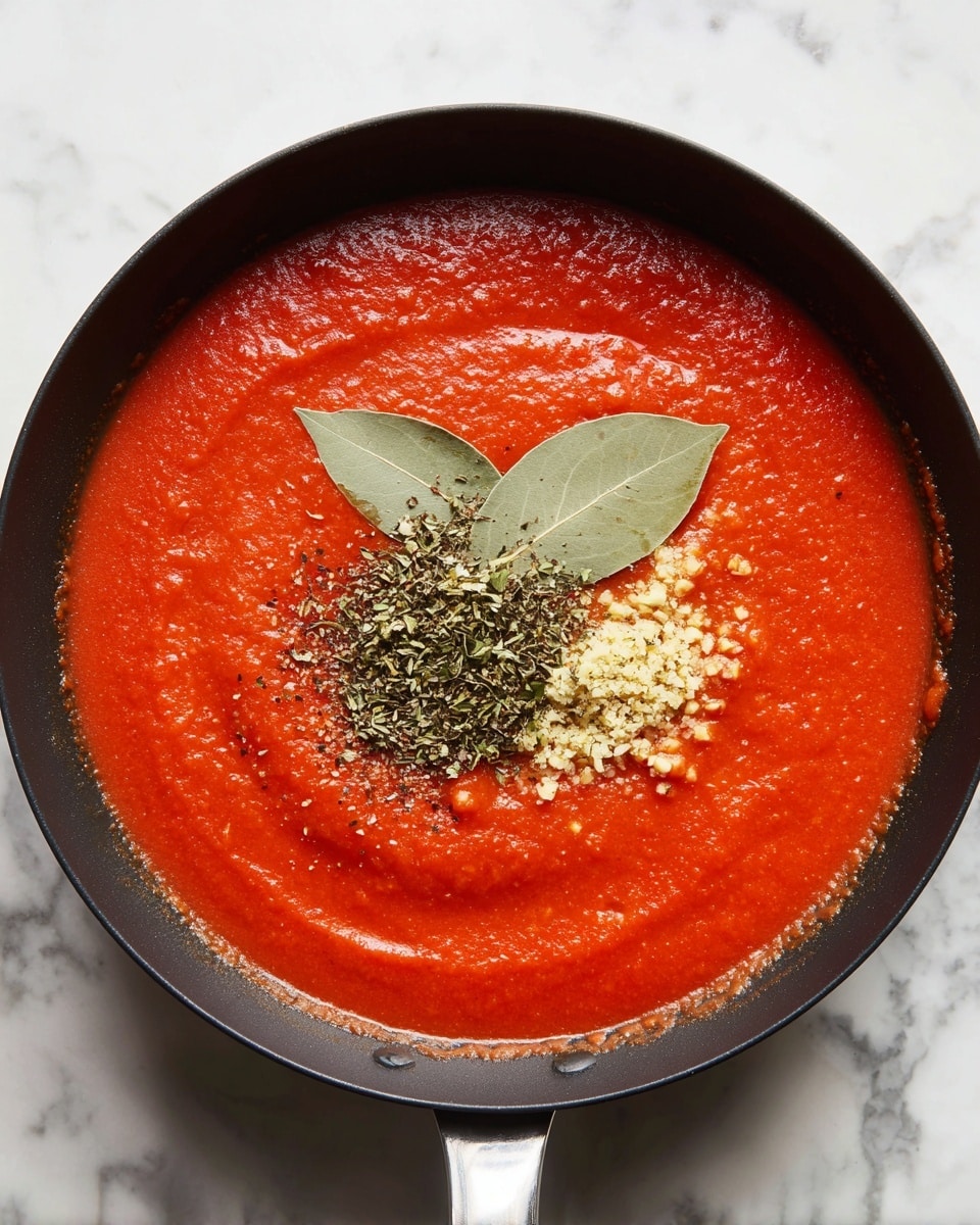 A black pan filled with smooth, bright red tomato sauce covering the whole surface; a small layer of light golden minced garlic is seen along the inner edge of the pan, surrounding the sauce. In the center of the sauce, there is a small pile of coarse black pepper and dried green herbs topped with a single light green bay leaf. The pan is set on a white marbled surface. photo taken with an iphone --ar 4:5 --v 7