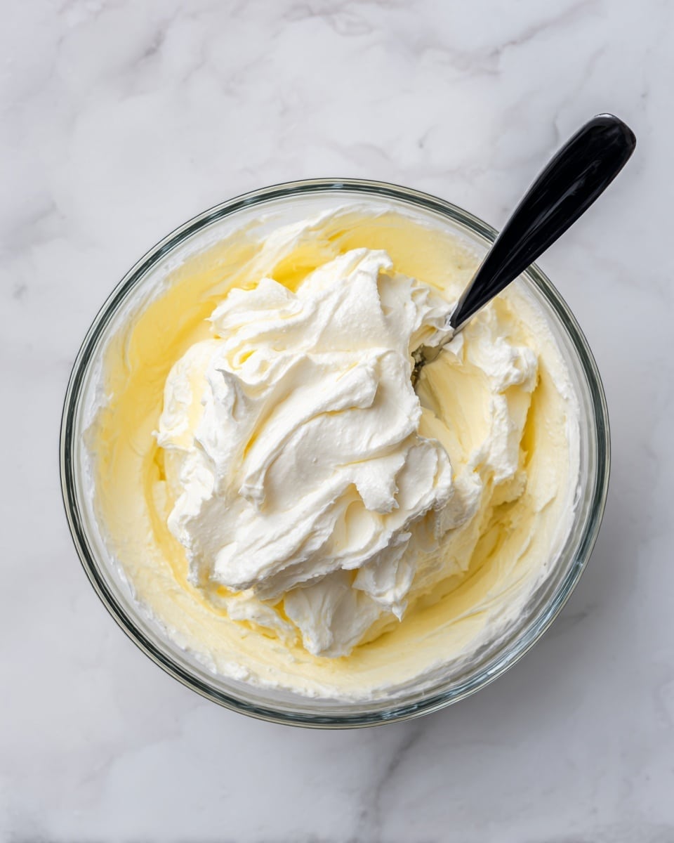 A clear glass bowl sits on a white marbled surface, filled with two layers: the bottom layer is smooth, pale yellow cream spread evenly, while the top layer is a large dollop of thick, fluffy white cream placed slightly off-center. A black spoon is partially buried in the white cream, resting on the yellow base. The image is bright and the bowl edges are visible, showing the contrast between the two cream layers photo taken with an iphone --ar 4:5 --v 7