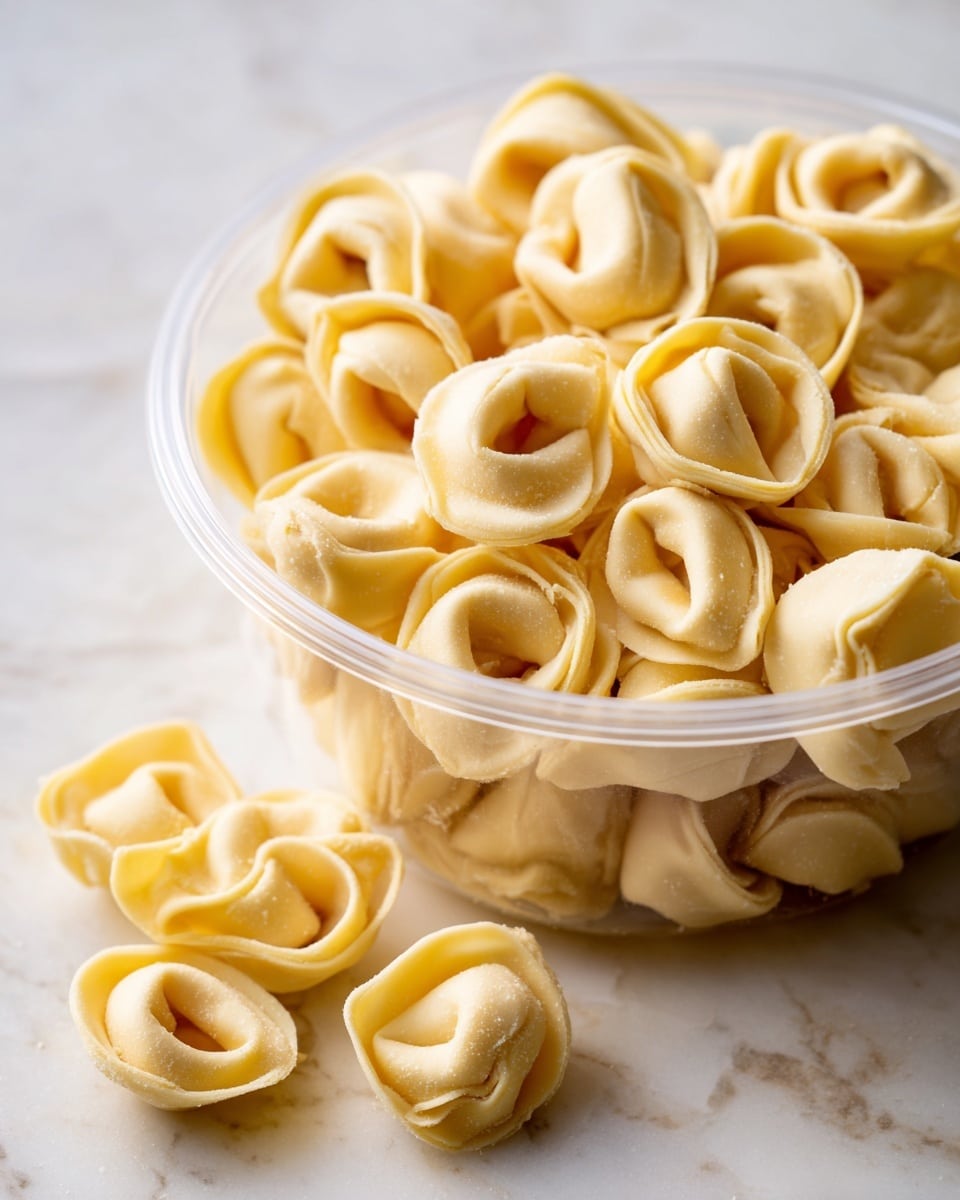 A clear plastic container filled with many pieces of uncooked tortellini pasta, each piece shaped like a small ring with folds around the edges, showing a smooth, pale yellow dough texture. Some tortellini pieces spill outside the container, resting on a white marbled surface, adding depth to the image. The focus is on the pasta inside the container, with soft lighting that highlights the creamy color and the delicate folds of each piece. photo taken with an iphone --ar 4:5 --v 7