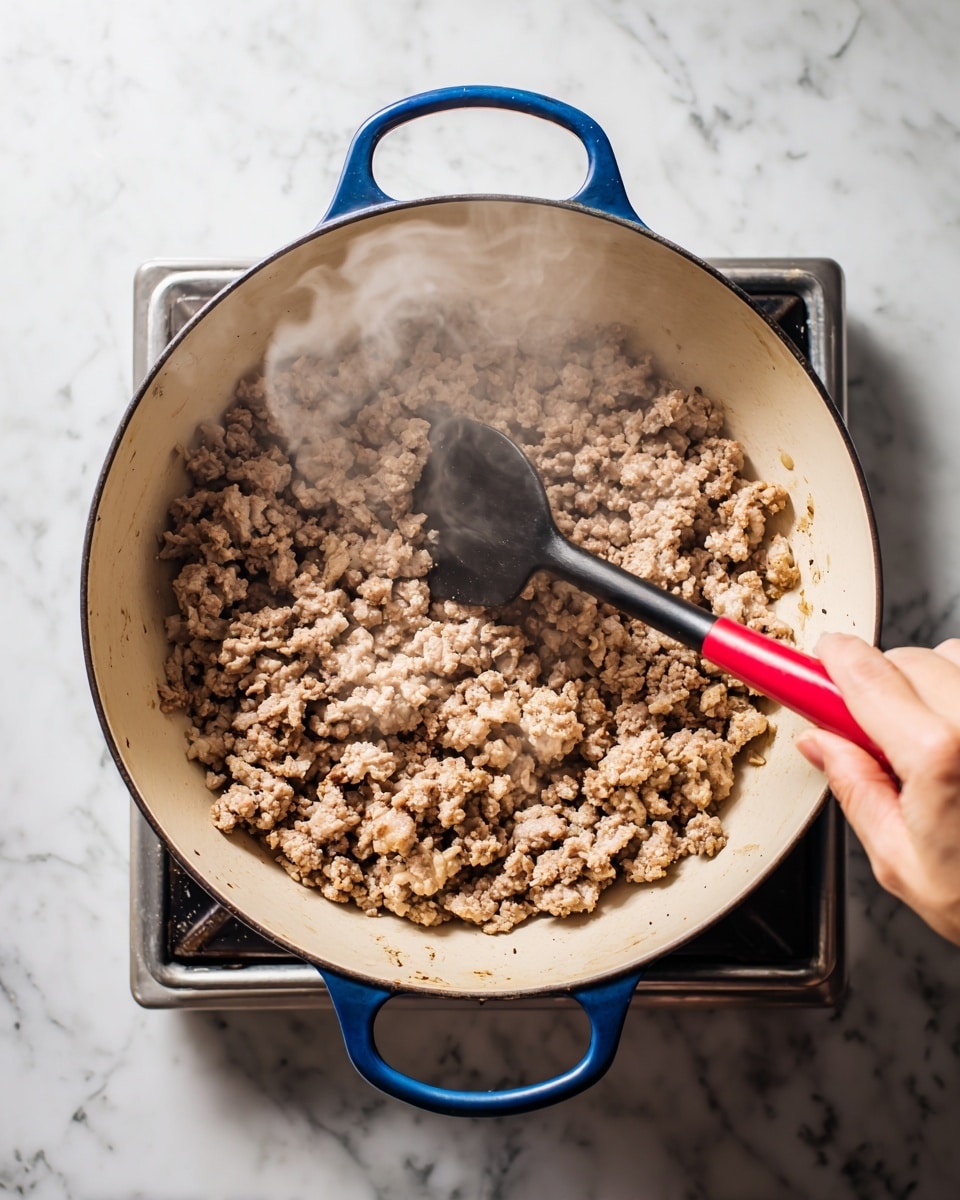 A white pot with blue handles sits on a kitchen stove with a white marbled surface underneath. Inside the pot is a layer of cooked ground meat that is light brown and crumbly with some darker brown spots showing slight browning from cooking. A woman's hand holds a black spatula with a red tip, stirring the meat on the left side of the pot. Steam rises gently from the meat, showing it is hot. The pot’s inside surface is a light cream color, contrasting with the browned meat. photo taken with an iphone --ar 4:5 --v 7