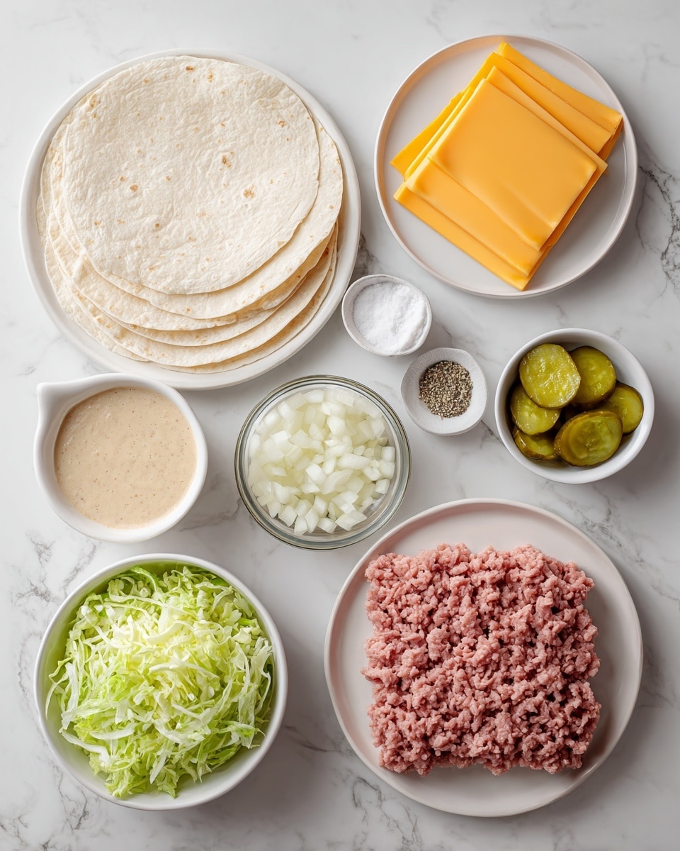 A top view of ingredients arranged on a white marbled surface, with a round white plate holding three soft, light beige tortillas on the left, next to a small white bowl of finely chopped white onions, and another small white bowl filled with white salt, and beside it a small white bowl with black pepper. Above these, a larger clear glass bowl contains a creamy, light brown sauce with some texture. To the right of the sauce, a medium white bowl holds bright green shredded lettuce. Above this bowl, a white plate displays four neat stacked slices of sharp yellow cheddar cheese. To the left of the cheese, a small white bowl contains several crinkly sliced light green pickles. Above the tortillas, a round white plate is filled with a large pile of raw, pink ground meat. The overall setting is neat and clean, photo taken with an iphone --ar 4:5 --v 7
