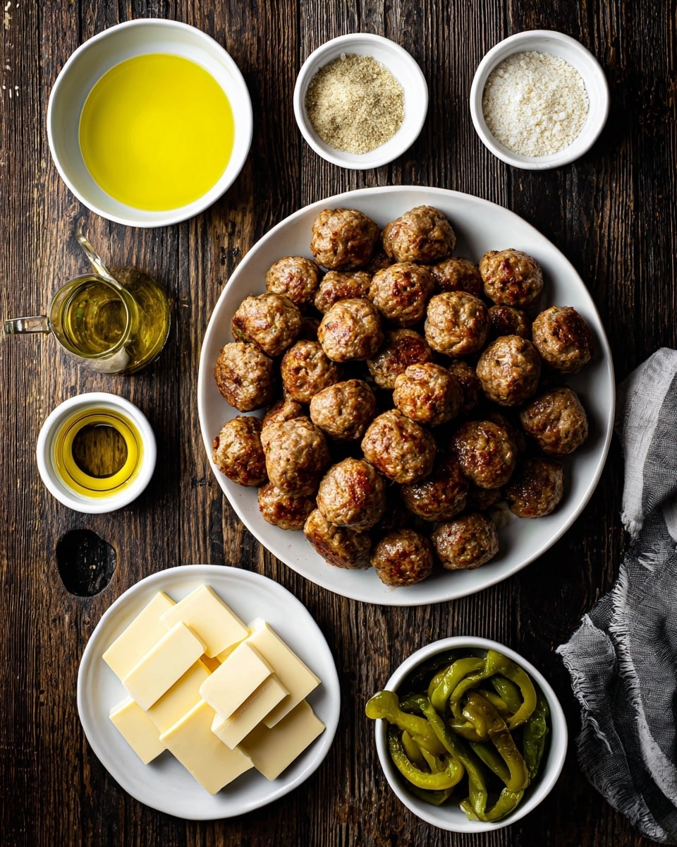 A large white plate filled with many small, round, golden brown meatballs sits on a dark wooden surface. Around the plate, there are five small white bowls arranged in a loose circle: one bowl has bright green peppers with a shiny texture, another contains a clear yellow oil, a third bowl is filled with light beige powder, a fourth holds a white powder with green flecks, and the fifth is empty. A medium white plate rests nearby with five small rectangular pieces of pale yellow butter stacked neatly. The whole setting is on a dark wooden table, showing a rustic feel. photo taken with an iphone --ar 4:5 --v 7
