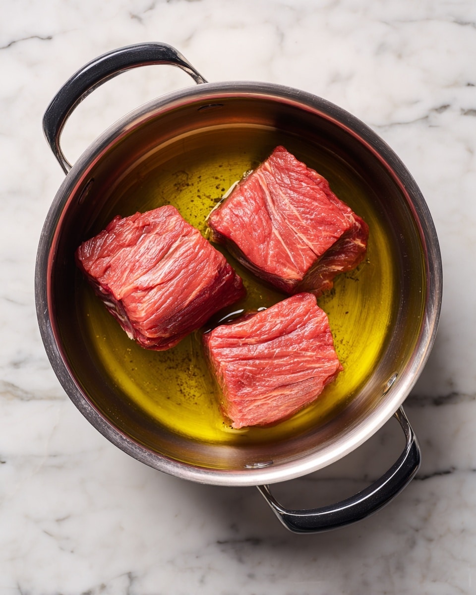 The image shows three large, raw pieces of red meat placed inside a round, metallic pot with a shiny silver interior. The meat sits in a shallow layer of golden-yellow oil that reflects light softly. The pot has a black rim and handles, resting on a white marbled surface. The meat pieces have visible texture lines and slight marbling in pale colors, creating a natural raw meat look. Photo taken with an iphone --ar 4:5 --v 7
