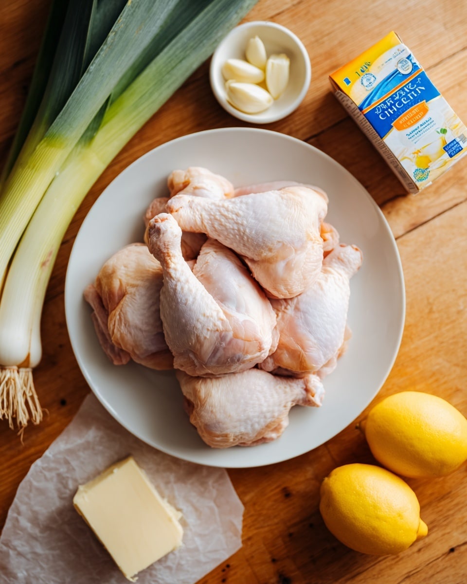 A white plate holds five raw chicken pieces with skin, stacked haphazardly with light pink and pale skin colors visible. To the left on a white marbled surface, there are two leeks with long green leaves extending off the edge, a small white bowl filled with pale sliced garlic, and a small piece of butter on white parchment paper. To the right of the plate, there are two bright yellow lemons and a carton of chicken broth with blue, orange, and white labeling. The whole scene is set on a warm wooden table. Photo taken with an iphone --ar 4:5 --v 7