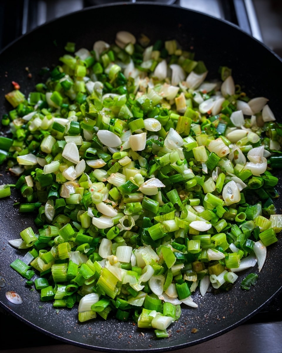 The image shows a black frying pan on a stove filled with chopped green onions and sliced white garlic cooking together; the green onion pieces are bright green with some light yellow parts, while the garlic slices are pale white with slight browning on edges, all mixed evenly across the flat surface of the pan. The scene is simple, focusing on the ingredients cooking, with a close view that captures the fresh texture and colors of the vegetables in the pan. The photo taken with an iphone --ar 4:5 --v 7