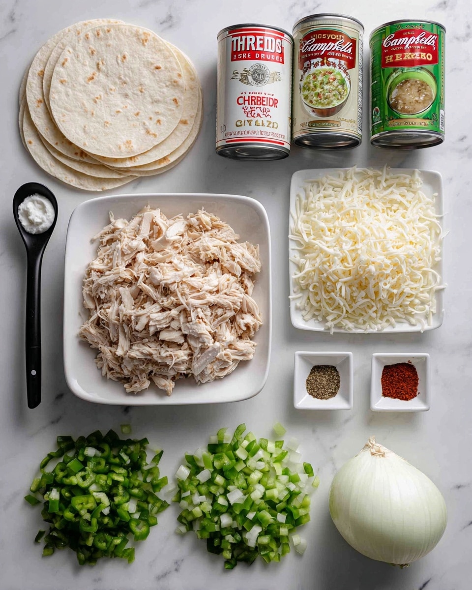 A spread of ingredients is arranged neatly on a white marbled surface. At the top left, there are five round white tortillas stacked slightly overlapping. Below them is a can of Campbell’s cream of chicken soup and two cans of green chiles stacked vertically. In the center, a white square bowl holds shredded cooked chicken with a light brown color. On the top right, a pile of shredded white cheese sits next to a small white square dish with four spices in small piles: salt, brown powder, dark red powder, and light brown powder. Below these, a can of Herdez salsa verde is placed. Across the bottom, three neat piles of finely chopped vegetables are lined up: green bell pepper on the left, light greenish-yellow peppers in the middle, and white onions on the right. A black measuring spoon with white sour cream is placed to the left near the vegetables. Photo taken with an iphone --ar 4:5 --v 7