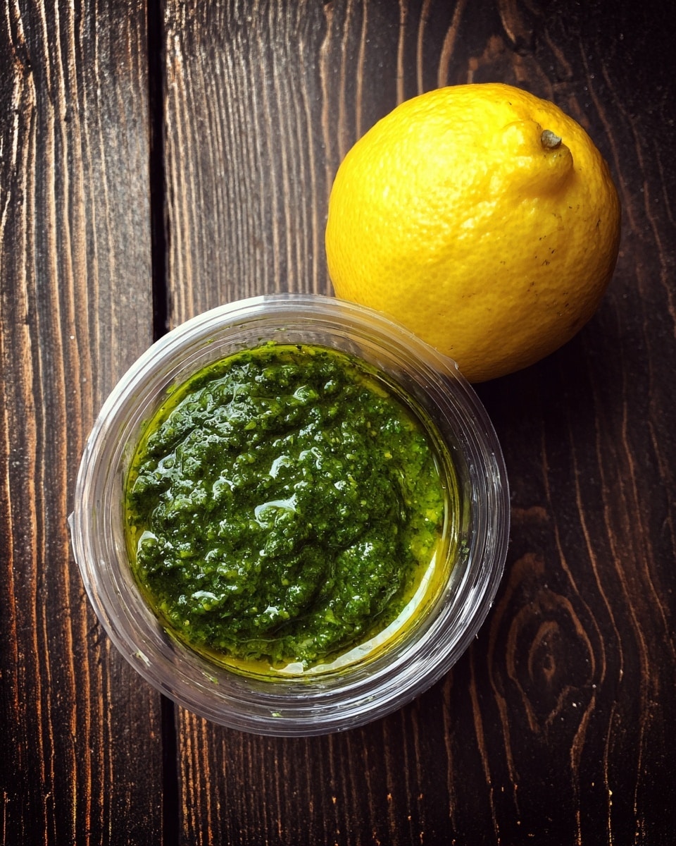 The image shows a clear plastic container filled with thick, textured green pesto sauce with some shiny oil on top, placed next to a bright yellow lemon. Both items rest on a dark wooden surface with visible grain patterns. photo taken with an iphone --ar 4:5 --v 7