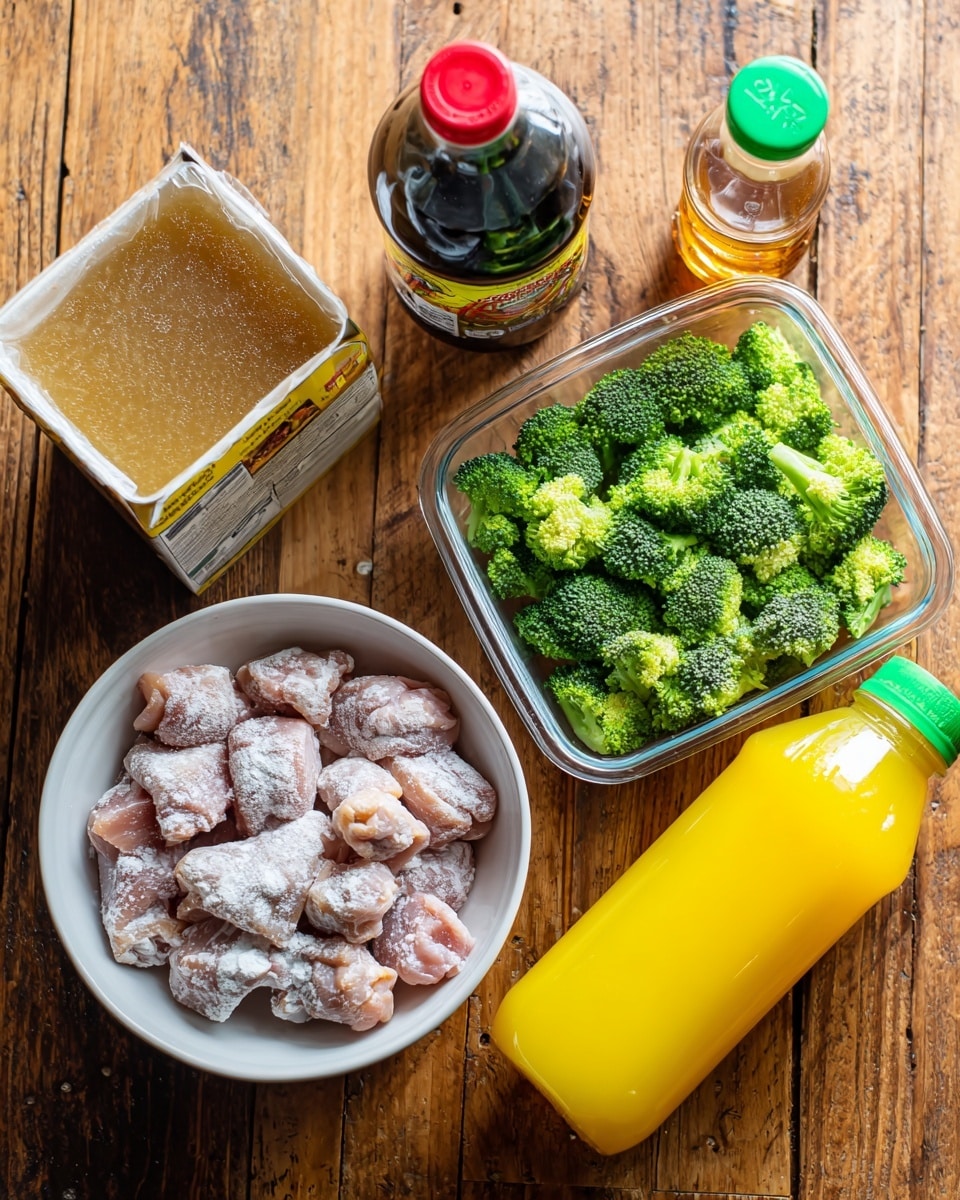 A top view of several cooking ingredients arranged on a wooden table: a white bowl filled with raw chicken pieces dusted in white flour on the left, a clear container with bright green broccoli florets on the right, a carton of light brown chicken broth at the top left, a dark glass bottle of soy sauce with a red cap at the top center, a small plastic bottle of honey with a black cap at the top right, and a yellow plastic bottle of orange juice with a green cap angled near the bottom center. The background is a white marbled texture photo taken with an iphone --ar 4:5 --v 7