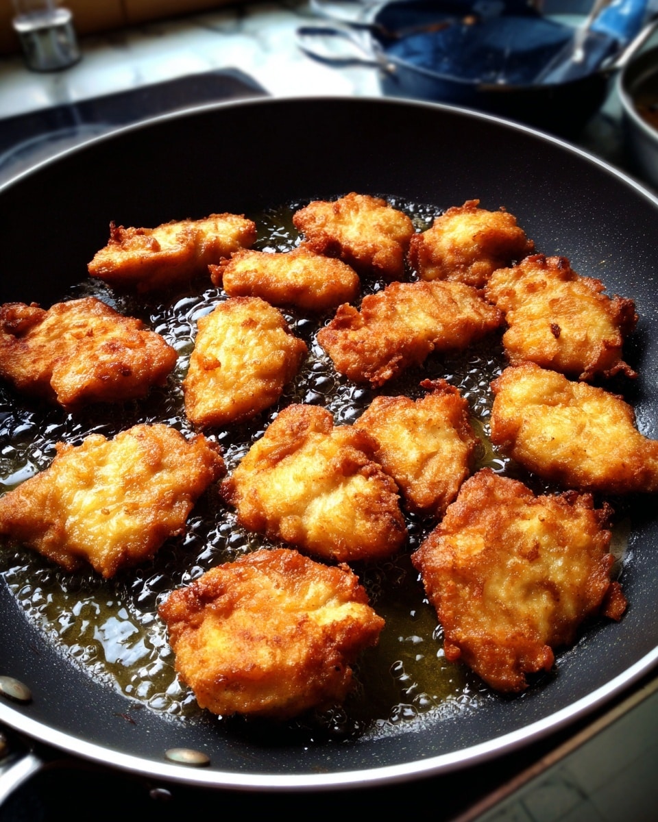 Pieces of light golden-brown fried chicken cooking in a dark pan, each piece uneven in shape and size with a slightly crispy texture, scattered loosely across the pan’s surface. The background shows a soft blur with a hint of kitchen items in cool blue and black colors, all set on a white marbled texture. photo taken with an iphone --ar 4:5 --v 7
