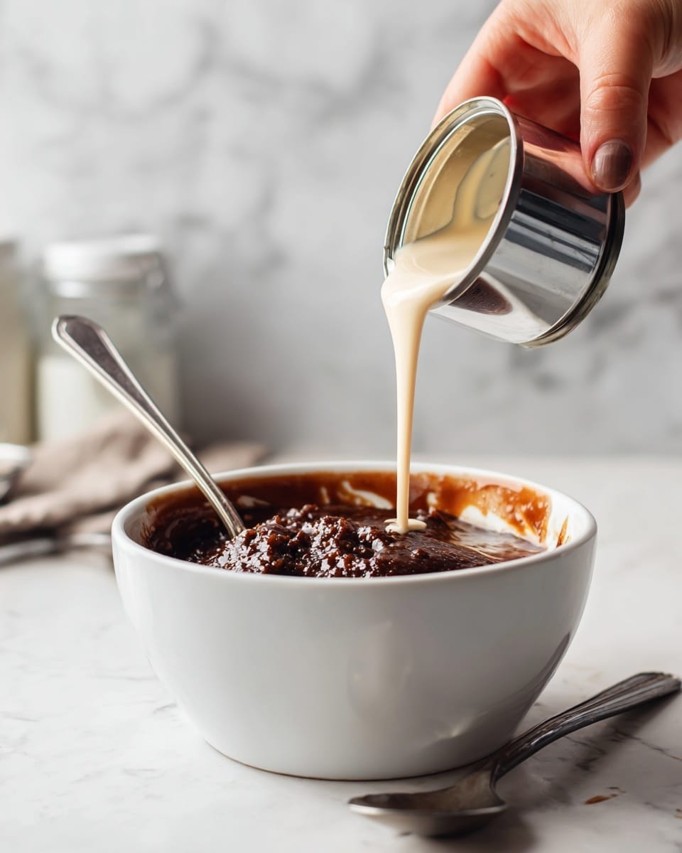 A close-up of a white bowl with a dark brown mixture that looks thick and lumpy, filling the bottom half of the bowl. A woman's hand is holding a tilted can above the bowl, pouring smooth, light cream-colored sweetened condensed milk onto the dark mixture. A metal spoon is partially immersed in the bowl, placed on the right side. The background is a white marbled texture with blurred kitchen items. photo taken with an iphone --ar 4:5 --v 7