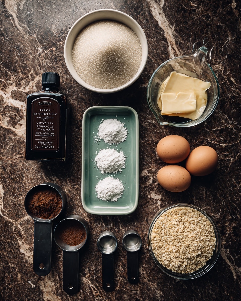 The image shows various baking ingredients placed neatly on a dark brown granite countertop with a white marbled texture. There is a small white bowl filled with granulated sugar at the top center. Below it, there is a small rectangular light green dish holding three white powders. To the left of these dishes, a dark brown bottle labeled pure bourbon vanilla extract is placed. To the right, there is a clear measuring cup filled with melted yellow butter and beside it, two brown eggs sit close together. At the bottom, there are three metal measuring cups with black handles arranged in a row: the left one contains ½ cup cocoa powder, the middle one holds ¼ cup milk, and the right one has 1 cup cooked quinoa. The photo taken with an iphone --ar 4:5 --v 7