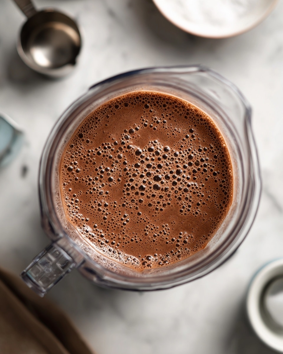 The image shows a top view of a blender container filled with a thick chocolate liquid that has small bubbles on the surface, indicating it is being blended or mixed. The blender is clear, and the chocolate mixture is dark brown with a smooth but slightly textured look. Around the blender, there are blurred kitchen items, including a metal measuring cup and a small white bowl partially visible on a white marbled surface. The photo focuses sharply on the chocolate mixture inside the blender. photo taken with an iphone --ar 4:5 --v 7