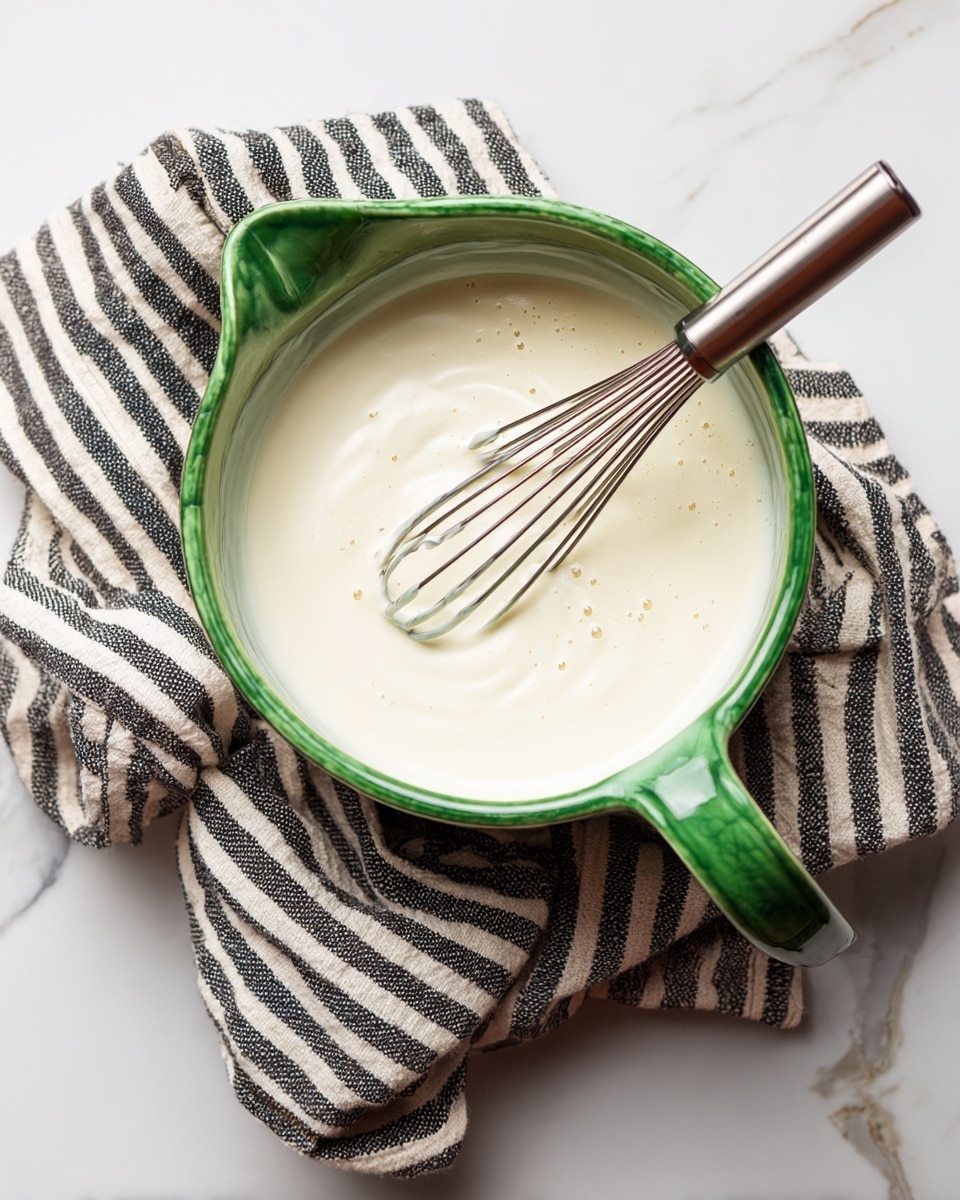A large green pitcher holds a thick, smooth white cream that swirls evenly across the surface, with a small metal whisk resting inside. The pitcher sits on a soft black and white striped cloth that is casually folded and stretches towards the edges of the frame. The background is a white marbled surface with warm brown and dark tones visible faintly around the edges. The cream looks light and airy with tiny bubbles on top photo taken with an iphone --ar 4:5 --v 7