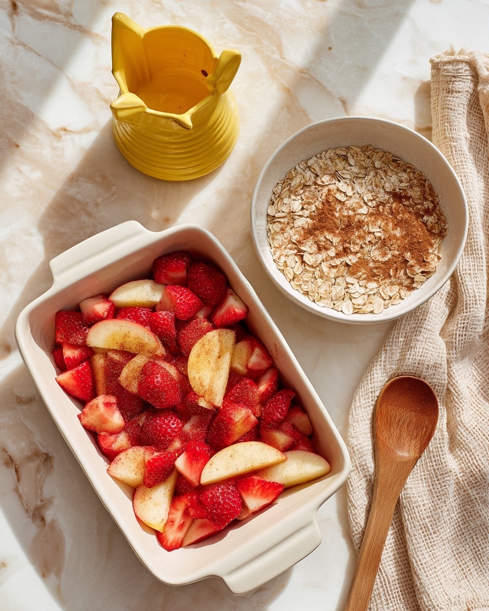 The image shows two views side by side on a white marbled surface. On the left, a white rectangular baking dish is filled with chopped red strawberries and light brown apple slices sprinkled with cinnamon and sugar. Above the dish, there is a yellow citrus juicer. A wooden spoon lies to the right of this dish. On the right, a white round bowl contains a dry oat mixture with visible almond slices and cinnamon, resting next to a beige towel with a waffle texture. Both scenes are bright and clear, with natural light highlighting the textures. Photo taken with an iphone --ar 4:5 --v 7