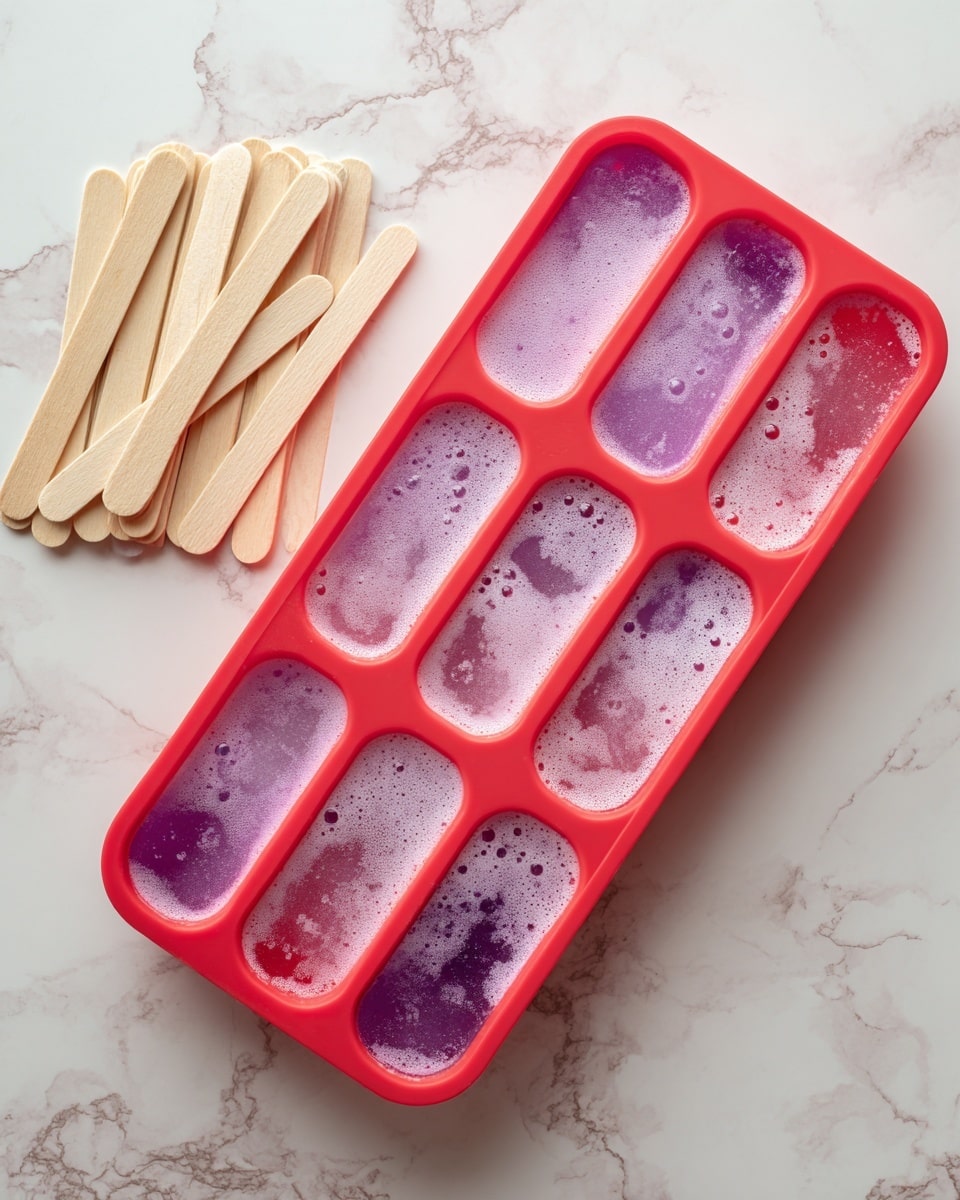 The image shows a red silicone popsicle mold filled with pink purple liquid that has bubbles on the surface. The mold has eight rectangular cavities, all filled with the same liquid. To the left, there is a small pile of plain wooden popsicle sticks lying on a white marbled surface. The background is the same white marbled texture. The perspective is top-down, showing the inside of the cavities clearly. photo taken with an iphone --ar 4:5 --v 7