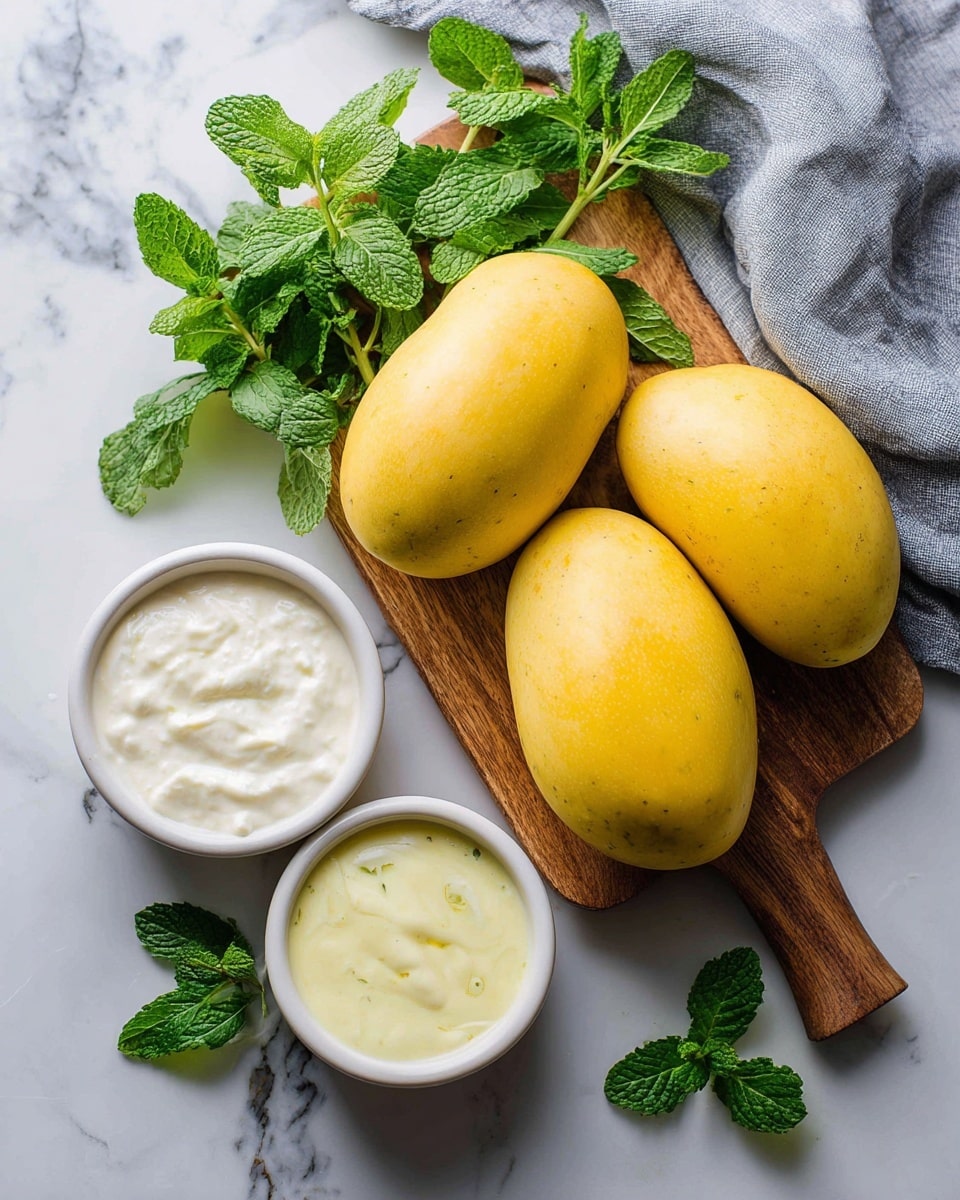 The image shows four whole yellow mangoes with smooth skin arranged on a wooden cutting board, surrounded by fresh green mint leaves. The board rests on a white marbled surface next to a gray cloth napkin. In the foreground, two white bowls hold creamy liquids; one is filled with a white thick cream and the other with a pale yellow liquid. A few loose mint leaves lie scattered on the white marbled surface around the bowls. photo taken with an iphone --ar 4:5 --v 7