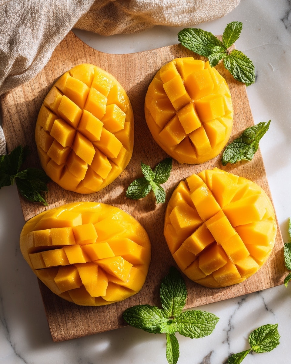 Five mango halves are arranged on a wooden board over a white marbled surface, each mango showing a bright orange-yellow color with a grid pattern of deep cuts creating a textured, 3D look. The mango cubes are partly popped out, adding depth and shadow. Around the board, there are fresh green mint leaves placed casually, adding a touch of green contrast. A piece of beige cloth is partially visible on the top left corner. The lighting is natural, highlighting the shiny, juicy texture of the mangoes. photo taken with an iphone --ar 4:5 --v 7