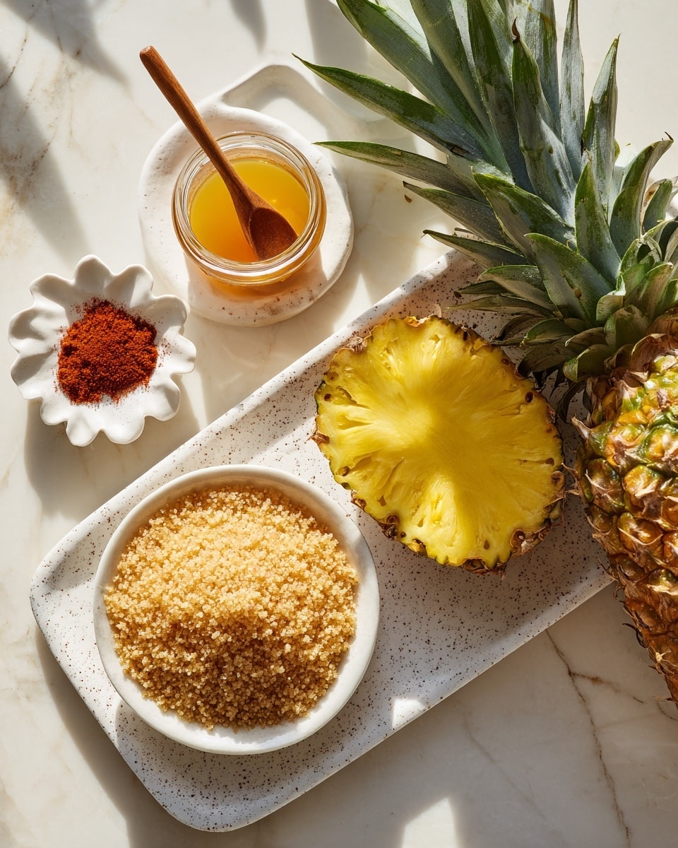A peeled pineapple with a rough yellow texture lies on the right side on a white speckled rectangular plate, showing its fibrous core and green spiky leaves extending off the plate's edge. To the left, there is a small white bowl filled with light brown soft granules, looking like brown sugar, with a coarse texture. Above this bowl, there is a white round jar filled with amber-colored syrup and a wooden spoon dipped inside. At the top left, a small white flower-shaped dish holds a small pile of reddish-brown powder, likely cinnamon. All items sit on a white marbled surface with soft natural light casting shadows. Photo taken with an iphone --ar 4:5 --v 7