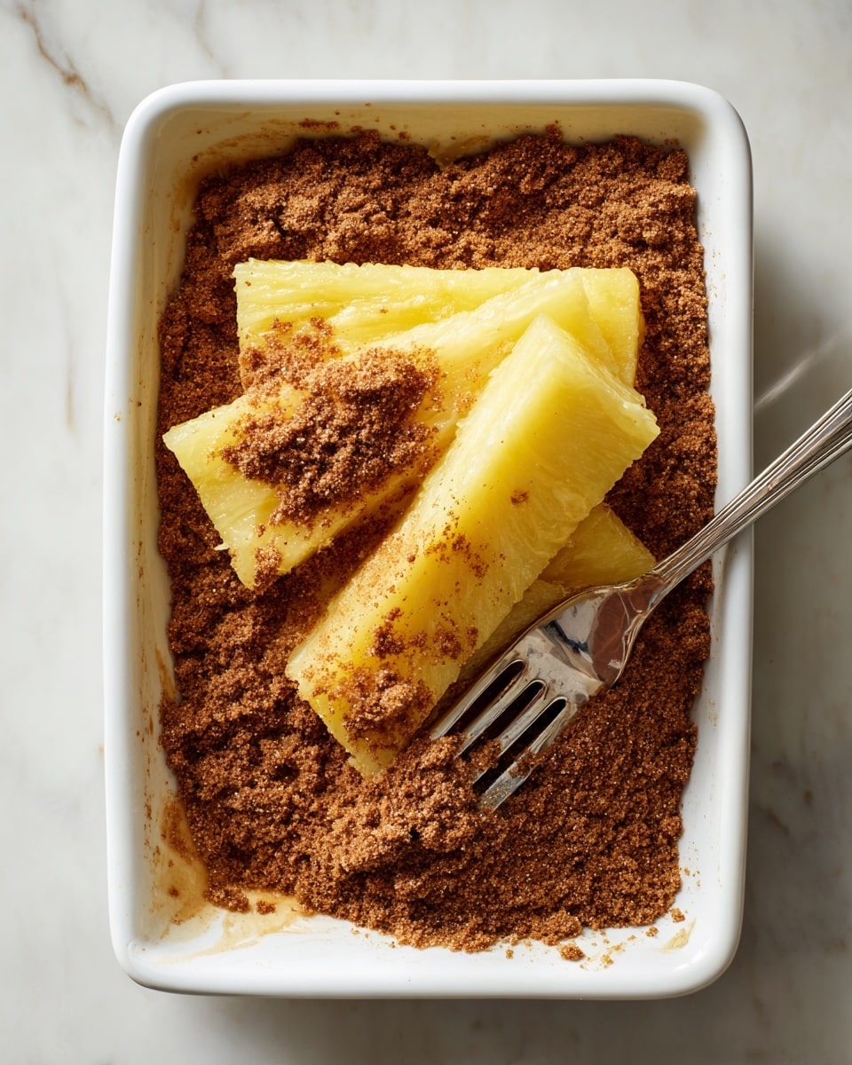 The image shows a white rectangular dish filled with a layer of brown, crumbly spice mix. On top of this layer, there are two thick, yellowish slices of pineapple partially coated with the spice. One slice is more covered in the spice, while the other slice has less of it, revealing the pale yellow flesh. A fork is partially visible in the lower left corner, pressing into the spice mix. The dish is placed on a white marbled surface. photo taken with an iphone --ar 4:5 --v 7