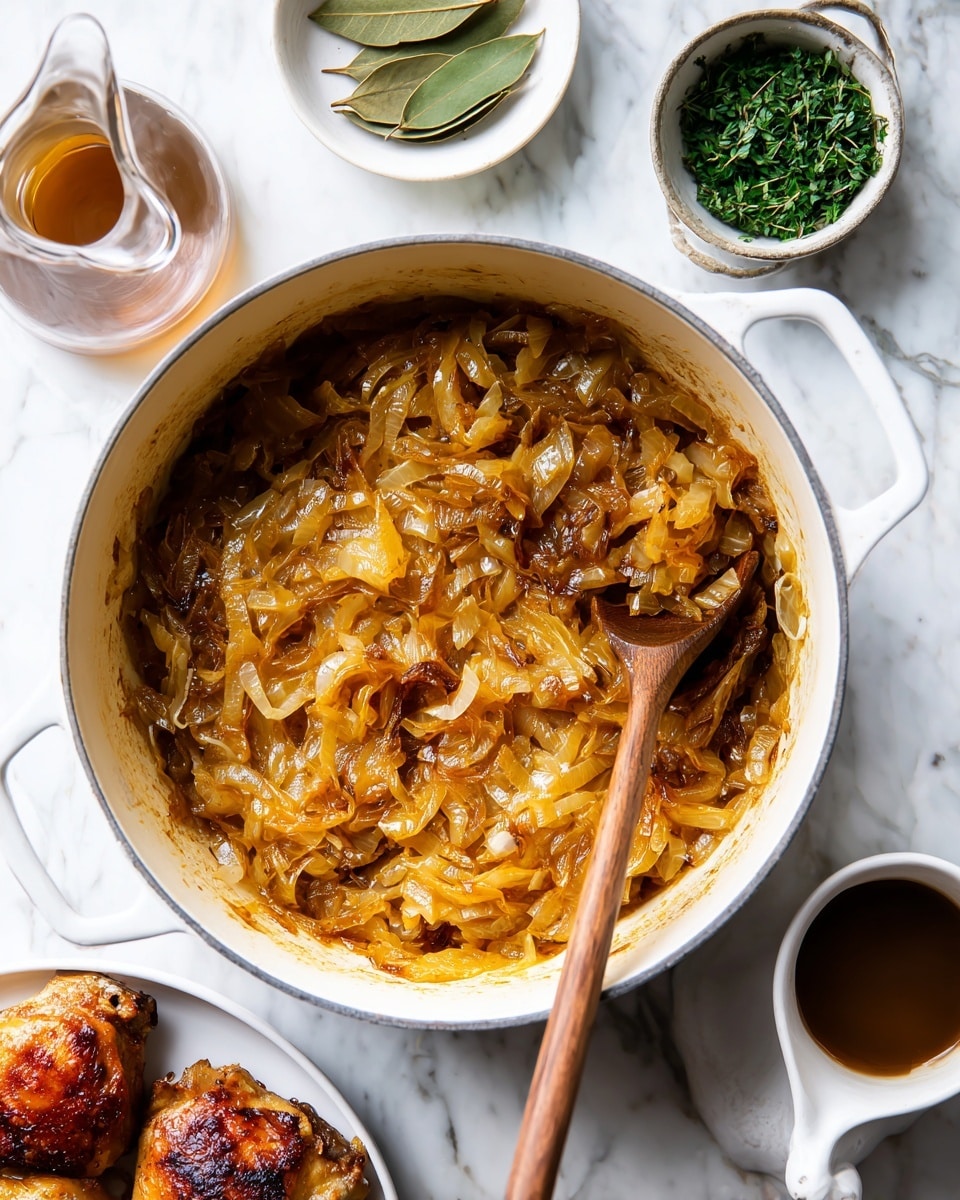A white round pot filled with about two layers of golden brown caramelized onions that are soft and slightly glossy, mixed with small bits of seasoning. A wooden spoon is resting inside the pot on the right side, touching the onions. Around the pot, there is a small white bowl with bright green fresh herbs, a white small plate holding two dried bay leaves, a clear glass jug with light tan liquid, a white bowl with dark brown sauce, and a white plate at the bottom left with four pieces of golden brown roasted chicken thighs with crispy skin. All items are placed on a white marbled surface. Photo taken with an iphone --ar 4:5 --v 7