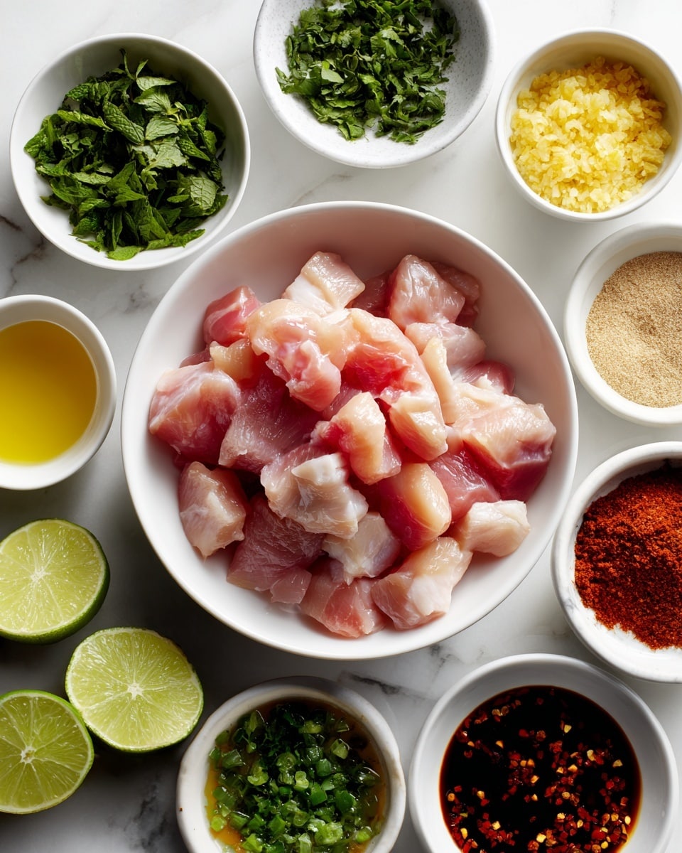 A white bowl in the center filled with raw, pink chicken pieces arranged loosely, surrounded by nine small white bowls placed on a white marbled surface. The bowls contain different ingredients: bright green fresh mint leaves, light yellow minced garlic, green chopped herbs, an orange-red spice mix, a light beige paste, white salt, yellow oil, a viscous light yellow liquid, and a dark sauce with red chili flakes. Two halved limes rest near the bottom left side among the bowls. The scene is brightly lit, showing clear textures and colors of each ingredient. Photo taken with an iphone --ar 4:5 --v 7