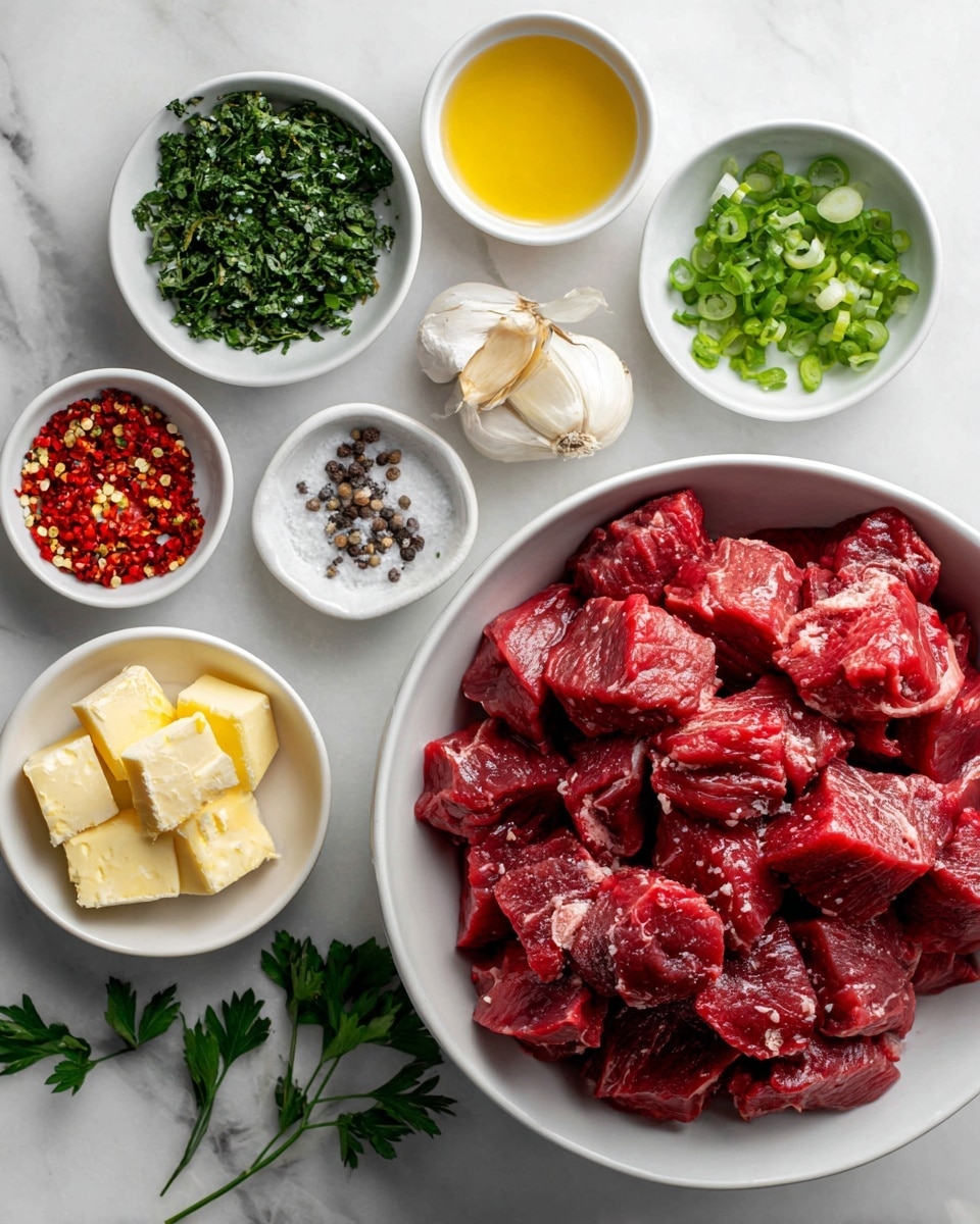 A white bowl filled with large, raw red beef chunks sits on the right side of a white marbled surface. Surrounding it are smaller white bowls with different ingredients: chopped green herbs, green onion slices, small pats of yellow butter, crushed garlic, red chili flakes, salt, black pepper, and a light yellow liquid. Scattered flat green parsley leaves add to the fresh look on the white marbled background. photo taken with an iphone --ar 4:5 --v 7