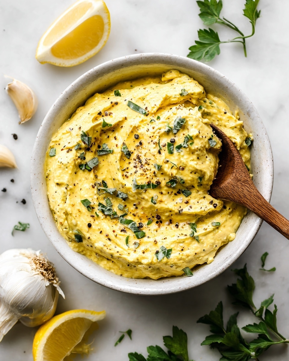 A white bowl filled with a creamy yellow mixture that looks thick and textured, with small green herb leaves and black pepper sprinkled on top. A wooden spoon is scooping the mixture, resting inside the bowl toward the right side. On the white marbled surface around the bowl, there are two lemon halves with bright yellow flesh and a few sprigs of fresh green herb scattered nearby. Part of a garlic bulb is visible at the lower left corner. Photo taken with an iphone --ar 4:5 --v 7