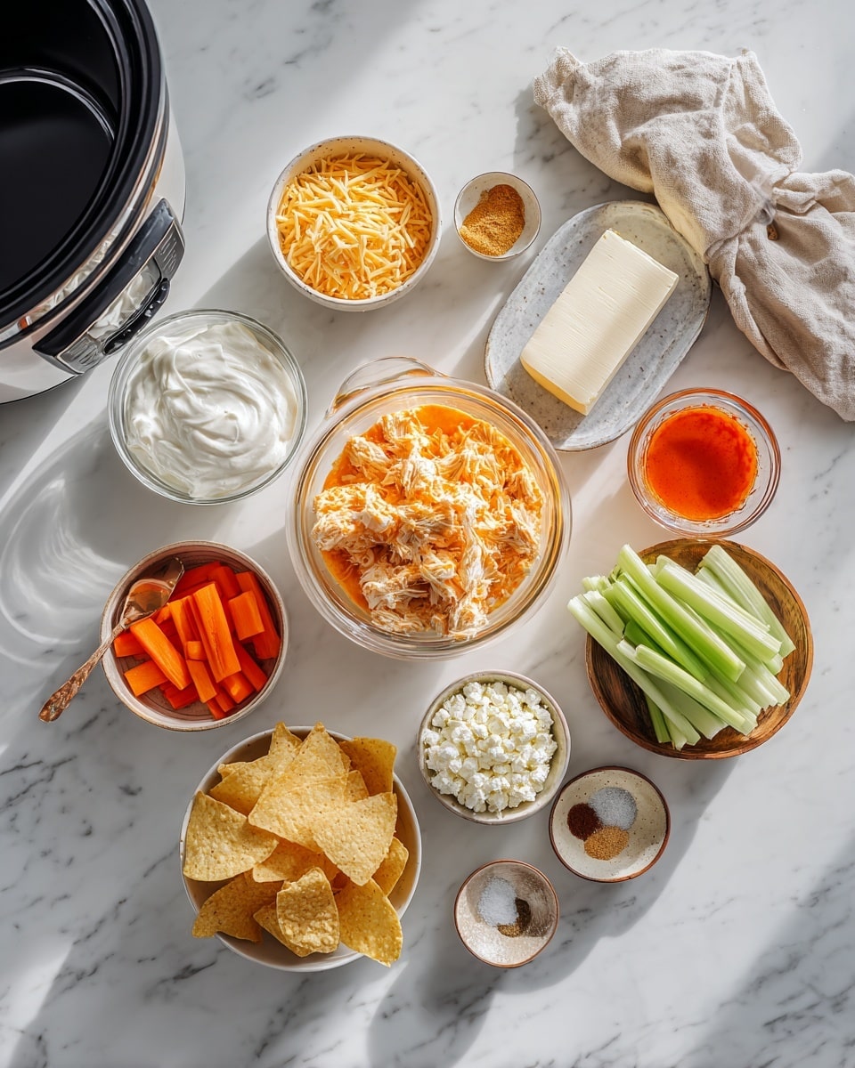 The first image shows a white speckled bowl filled with many thin, light beige strips of shredded chicken, evenly spread across the bowl. The second image features the inside of a white slow cooker, containing various layers: shredded chicken at the bottom, topped with a thick square of white cream cheese, shredded yellow cheddar cheese, bright orange sauce, and white sour cream, with black pepper sprinkled on top. The third image shows the slow cooker again, with the mixture now blended into a creamy, smooth, orange-colored dip with some texture, and a spoon inside the slow cooker. All images are placed on a white marbled surface. Photo taken with an iphone --ar 4:5 --v 7
