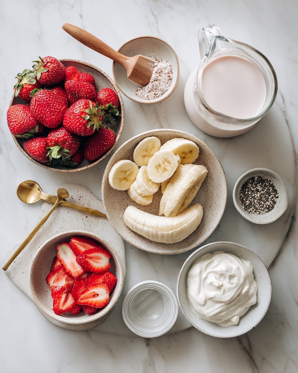 The image shows a blender with two side-by-side views. On the left side, the blender is filled with separate layers: sliced banana pieces at the bottom, three frozen strawberries on top of the bananas, a pile of light beige flour on one side, and a dollop of white yogurt next to the flour. On the white marbled surface around the blender, several whole strawberries are scattered. On the right side, the blender contains a smooth pink smoothie with small bubbles on the surface, showing the mixture of all ingredients. The background remains the white marbled texture. photo taken with an iphone --ar 4:5 --v 7