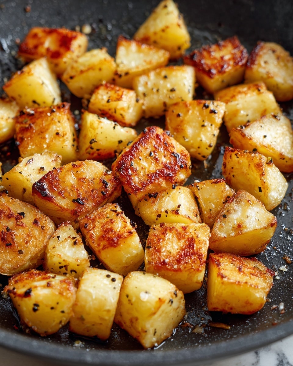 A close-up view of small, golden-brown potato cubes cooking in a dark pan, their edges slightly crisp with a light coating of oil giving them a shiny texture. The potatoes are unevenly shaped, some pieces showing a soft, tender inside with a warm yellow color, speckled lightly with black pepper and seasoning bits. The background surface is a white marbled texture visible around the pan, enhancing the contrast of the golden potatoes. Photo taken with an iphone --ar 4:5 --v 7