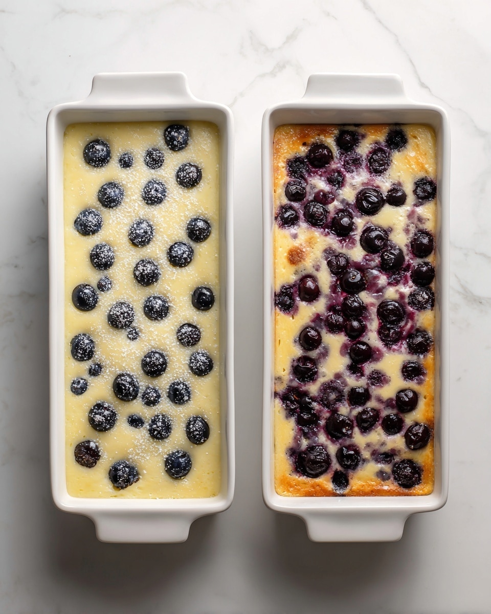 The image shows a white rectangular baking dish with two side-by-side views. On the left, the dish has a single layer of small dark blueberries spread evenly over a pale yellow batter. The blueberries are dusted lightly with white powder. On the right, the same dish appears after baking, where the batter has turned golden with edges showing slight browning, and the blueberries have darkened, appearing soft and juicy with some juice slightly oozing. The top surface looks textured with a mix of golden and dark purple colors. The dish is placed on a white marbled surface. photo taken with an iphone --ar 4:5 --v 7
